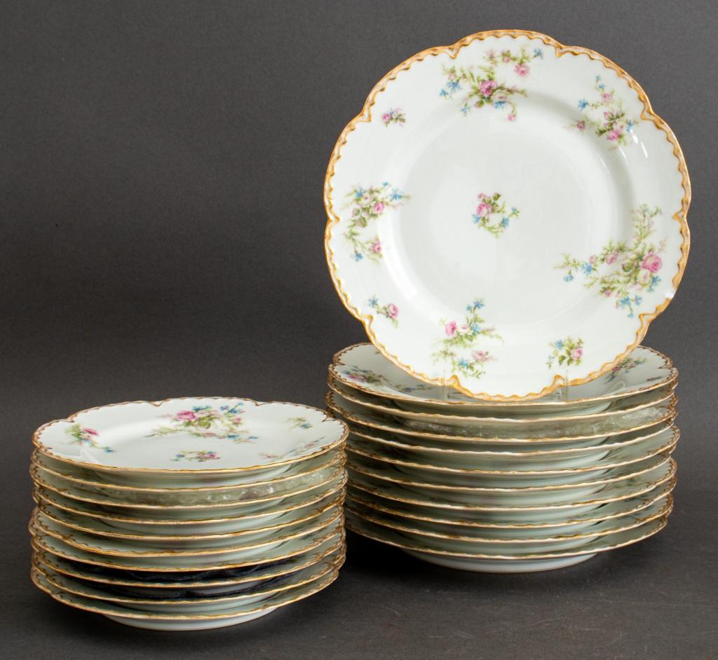 Limoges French porcelain gilded and floral painted dinner service for ten (10), with green underglaze marks for 