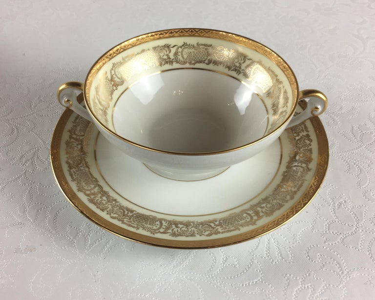 Limoges Porcelain Gold Rimmed Dinner Set of 73 pieces, Signed For Sale