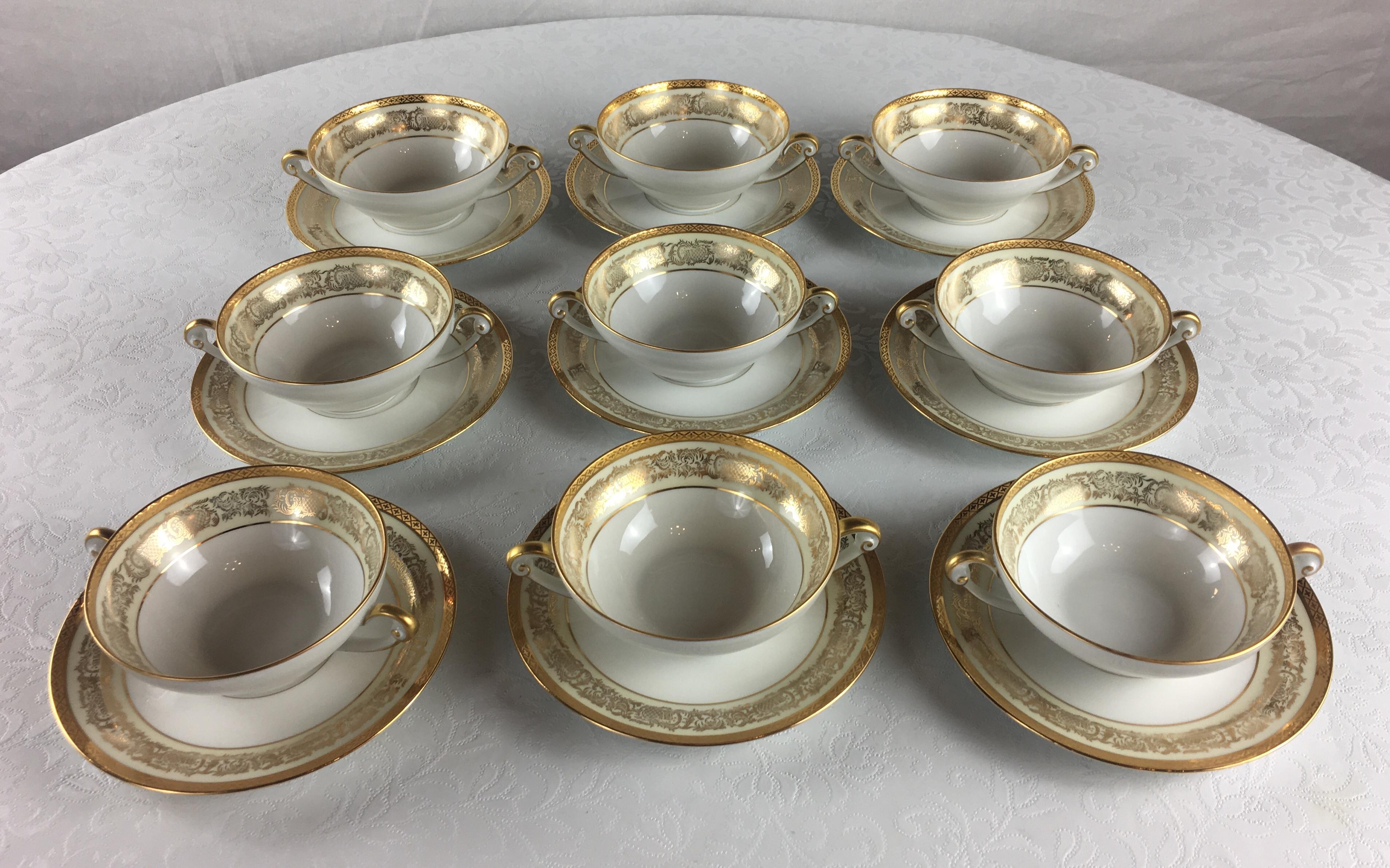 Rococo Neoclassical Limoges Porcelain Gold Rimmed Dinner Service 70 pieces, Signed For Sale