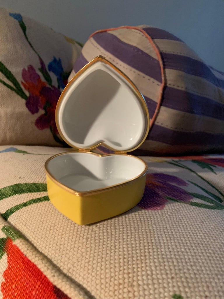 Limoges Porcelain Heart Trinket Box, Canary Yellow, French Porcelain