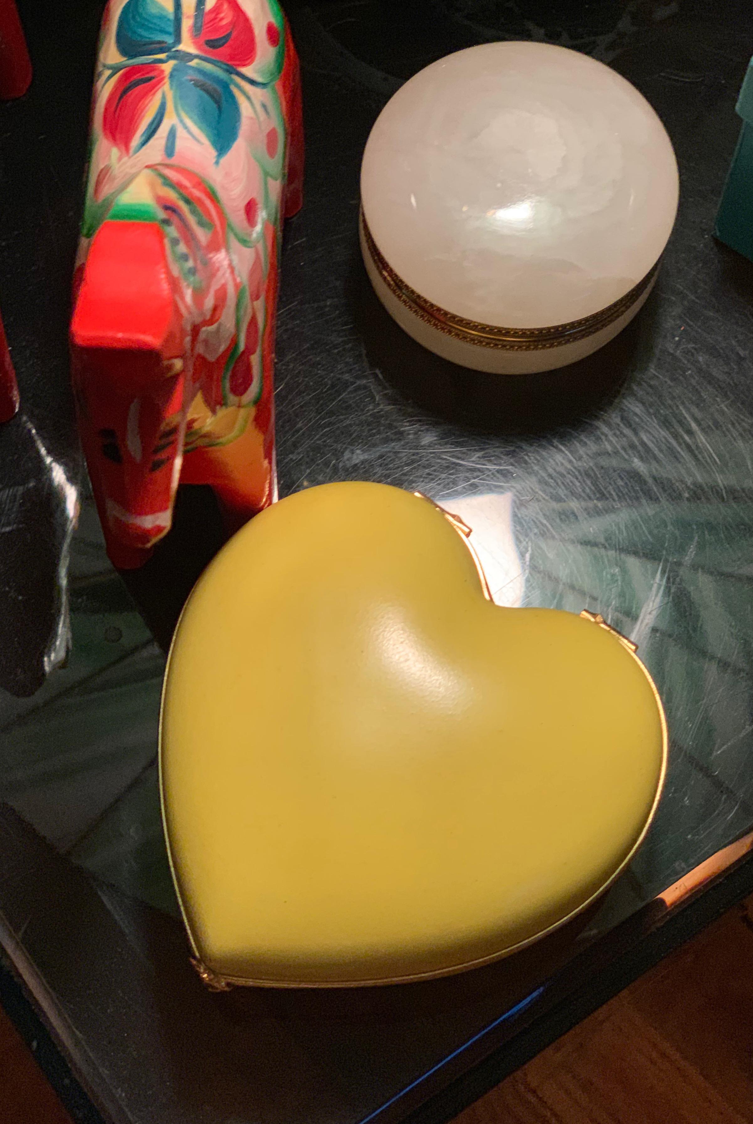 20th Century Limoges Porcelain Heart Trinket Box, Canary Yellow, French Porcelain Jewelry Box