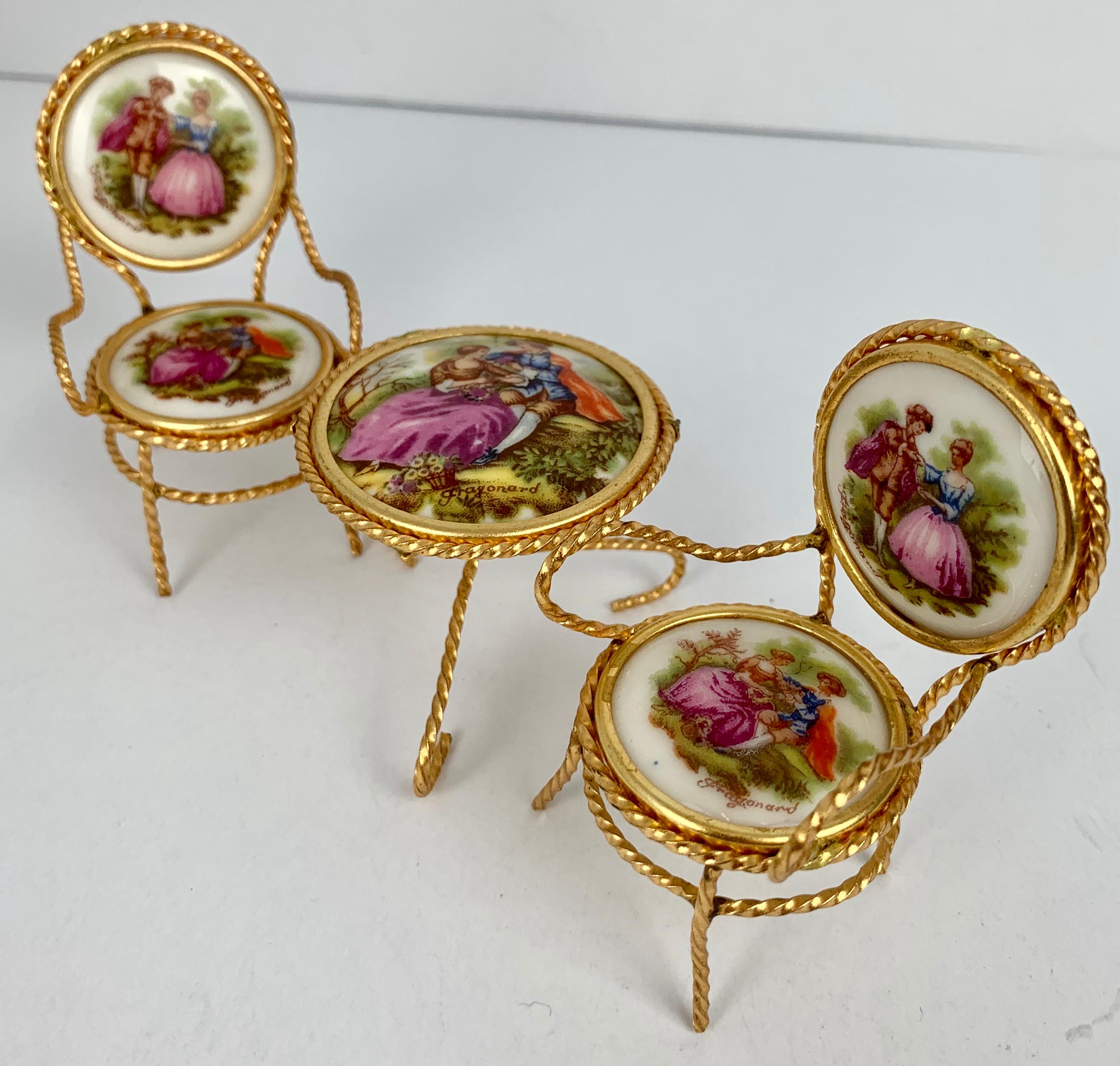Metal Three Piece Miniature Furniture Suite with Limoges Porcelain Plaques & Gilt Wire