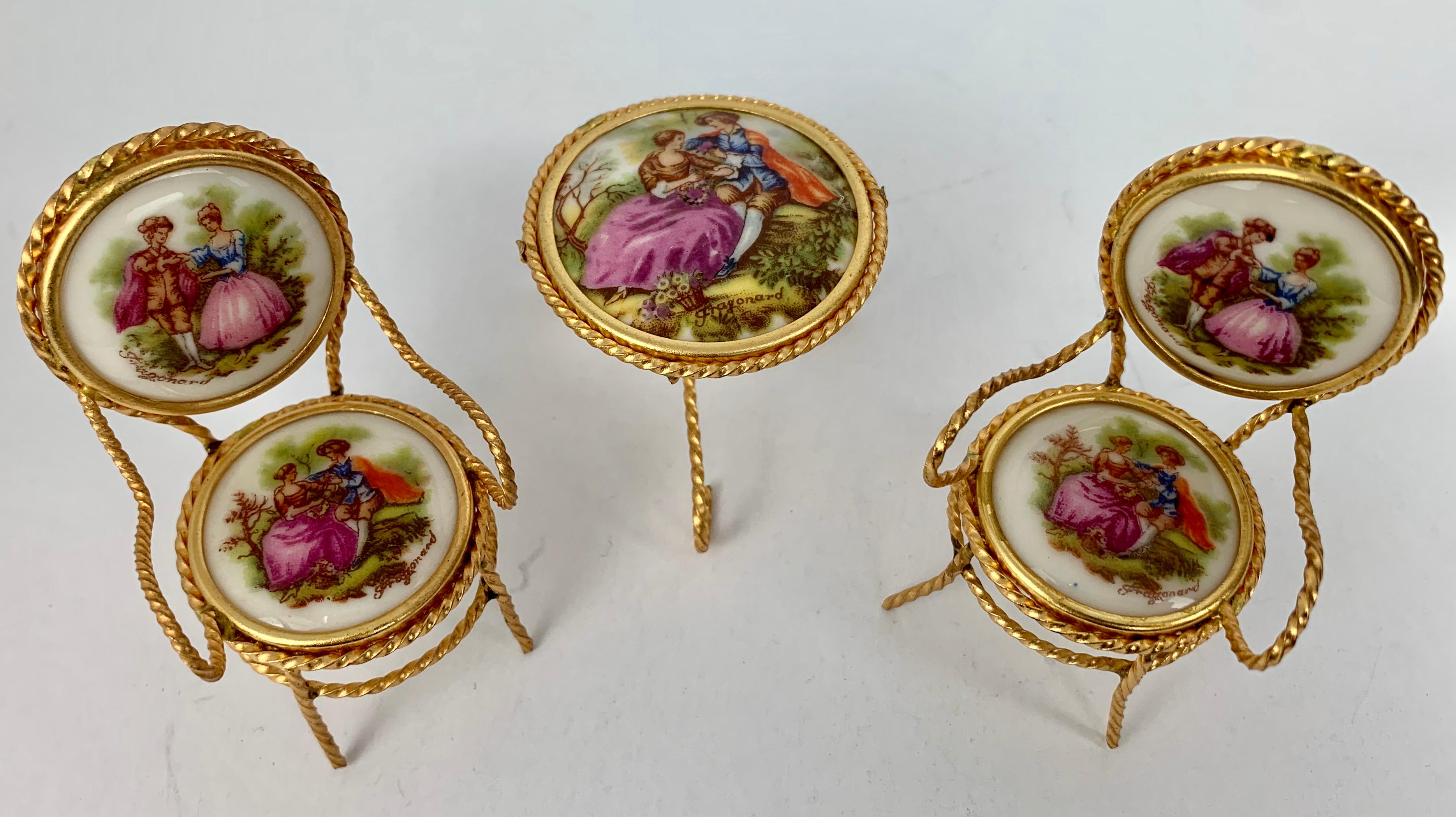 Louis XVI Three Piece Miniature Furniture Suite with Limoges Porcelain Plaques & Gilt Wire