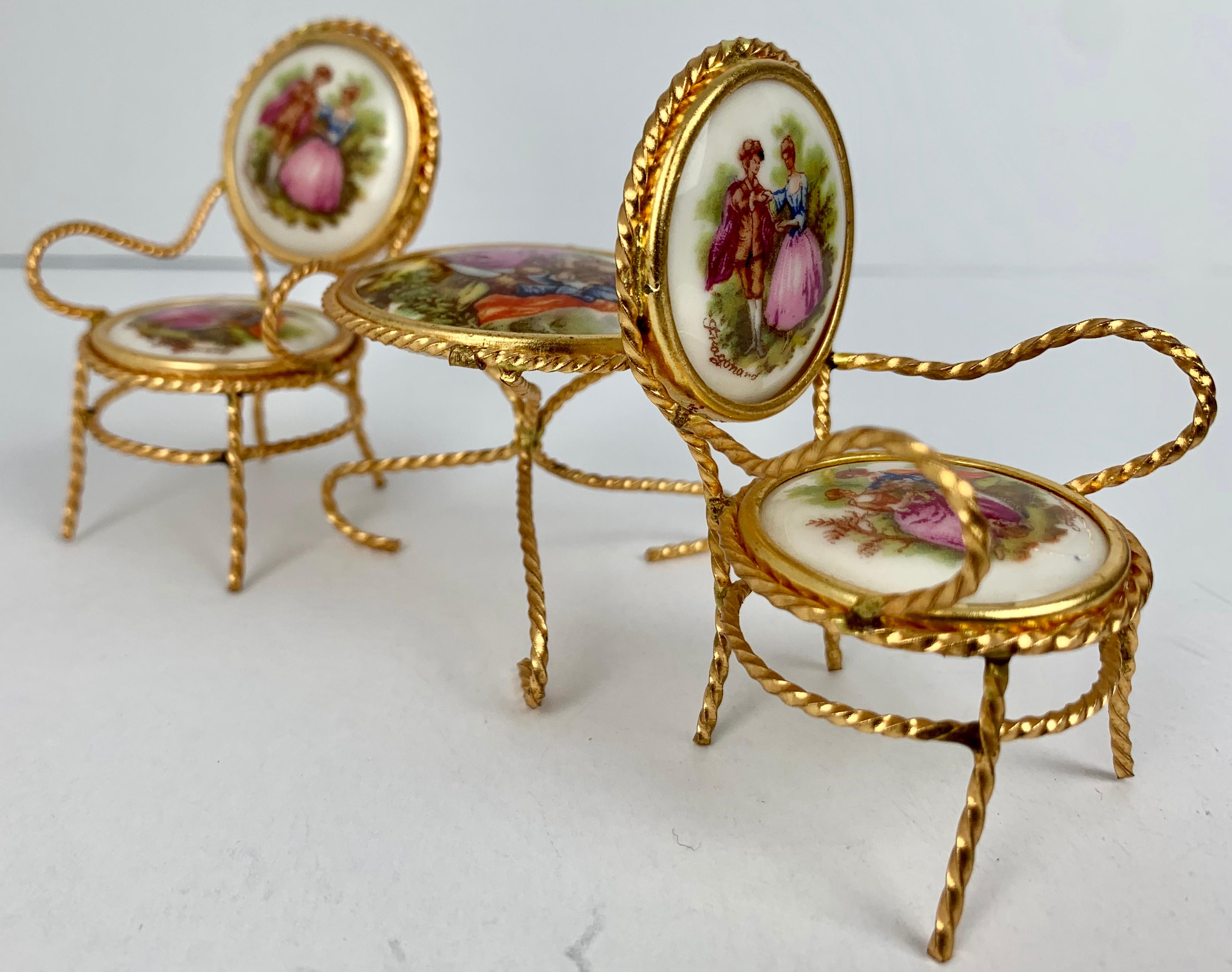 French Three Piece Miniature Furniture Suite with Limoges Porcelain Plaques & Gilt Wire