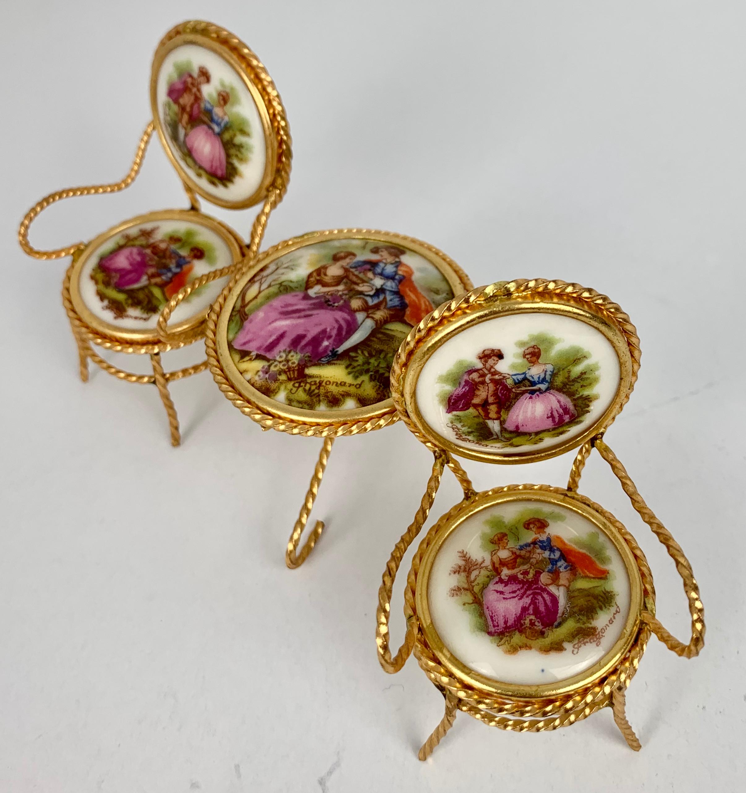 Three Piece Miniature Furniture Suite with Limoges Porcelain Plaques & Gilt Wire In Good Condition In West Palm Beach, FL