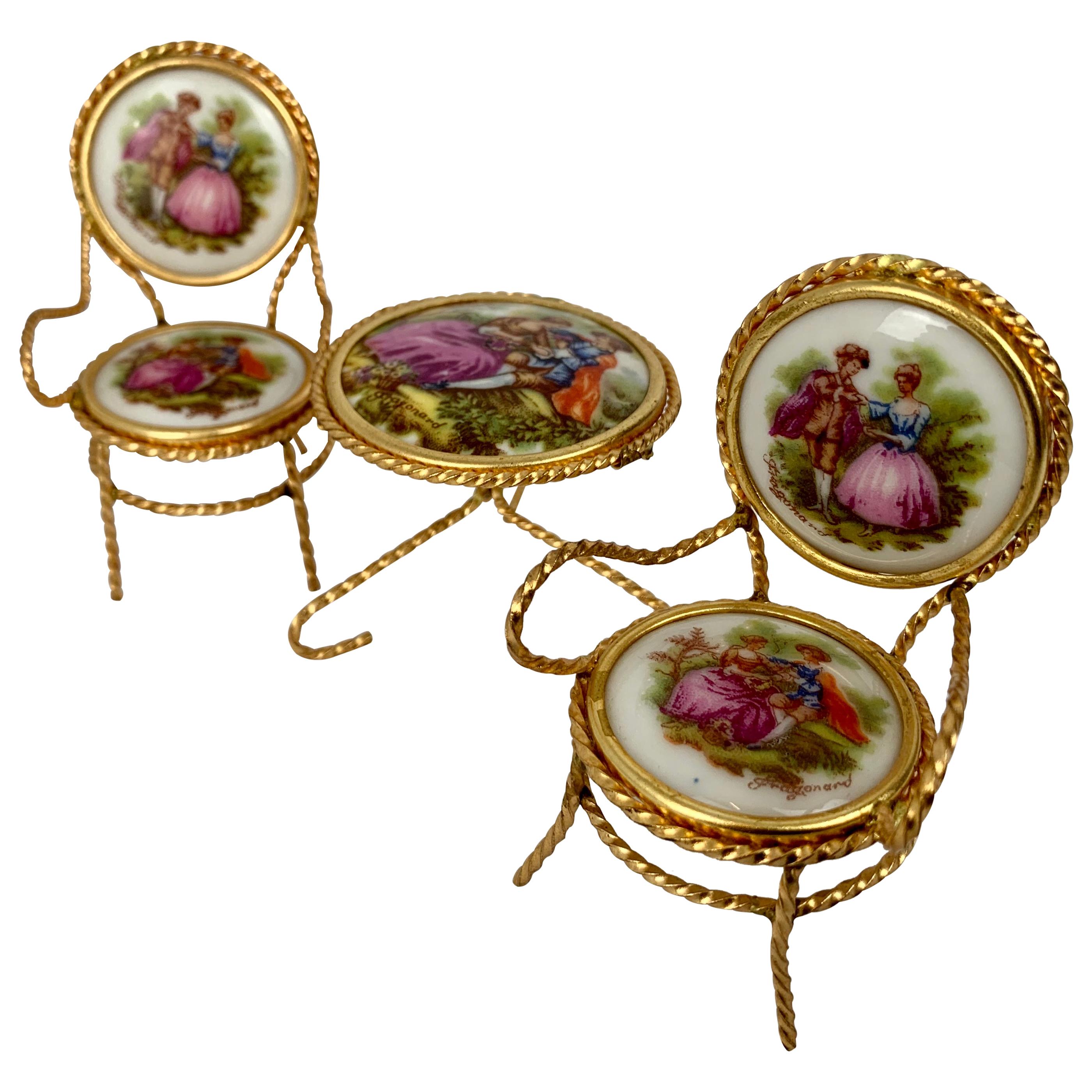 Three Piece Miniature Furniture Suite with Limoges Porcelain Plaques & Gilt Wire
