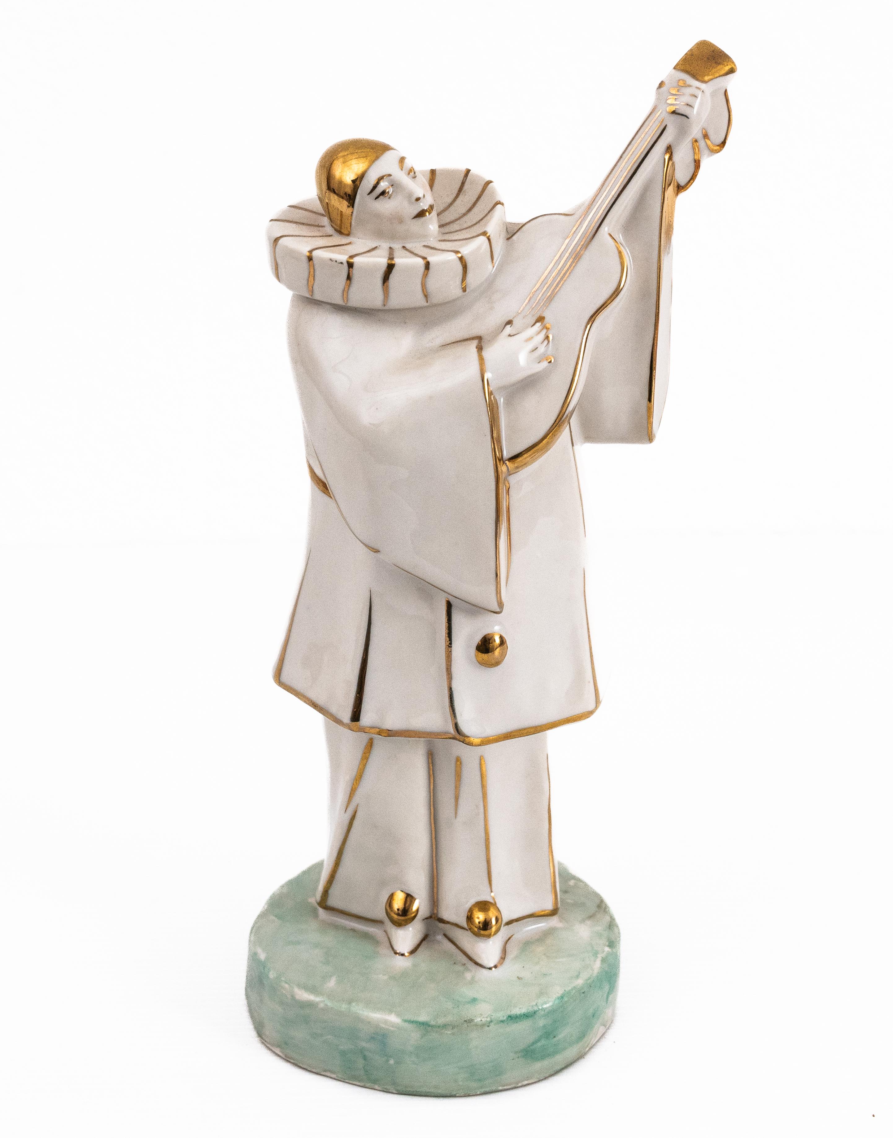 Limoges Porcelain Pierrot Musician in White and Gold by Edouard Marcel Sandoz For Sale 1