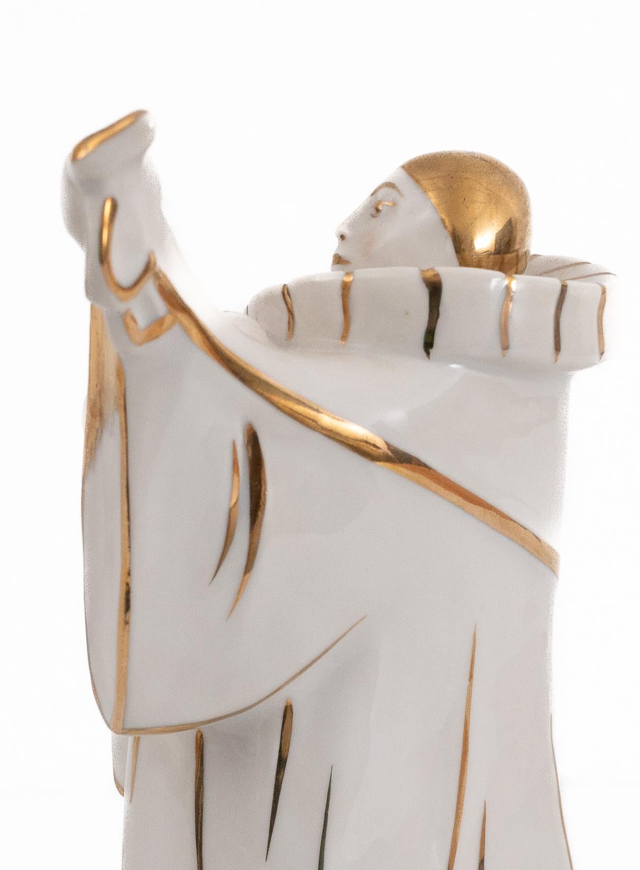 Art Deco Limoges Porcelain Pierrot Musician in White and Gold by Edouard Marcel Sandoz For Sale