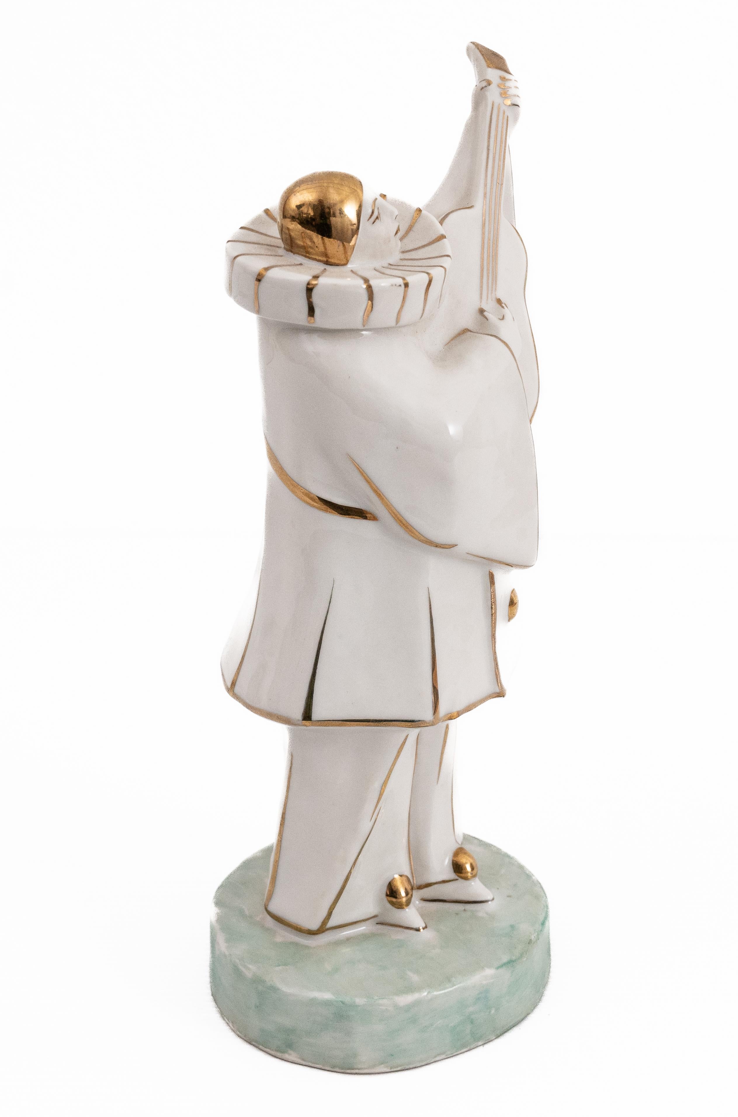 20th Century Limoges Porcelain Pierrot Musician in White and Gold by Edouard Marcel Sandoz For Sale