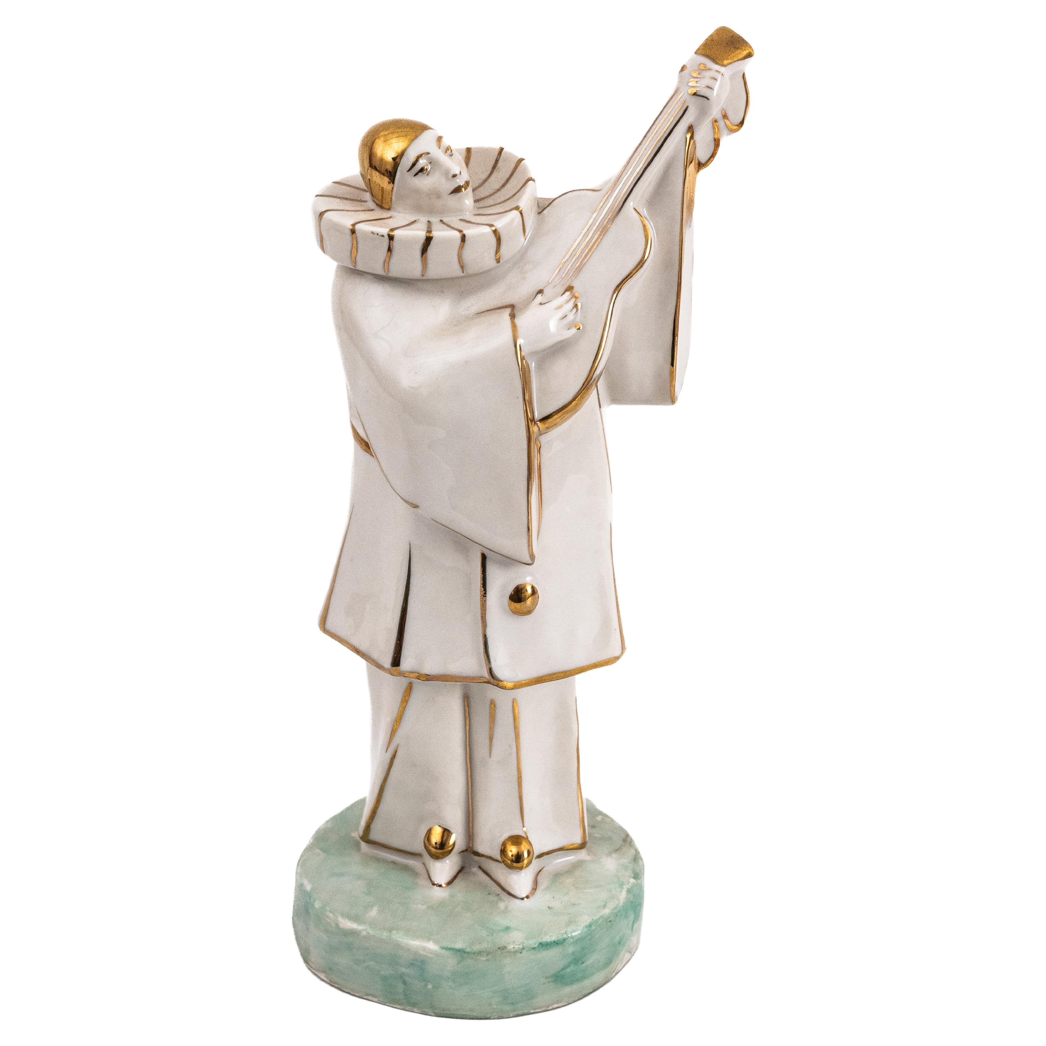 Limoges Porcelain Pierrot Musician in White and Gold by Edouard Marcel Sandoz For Sale