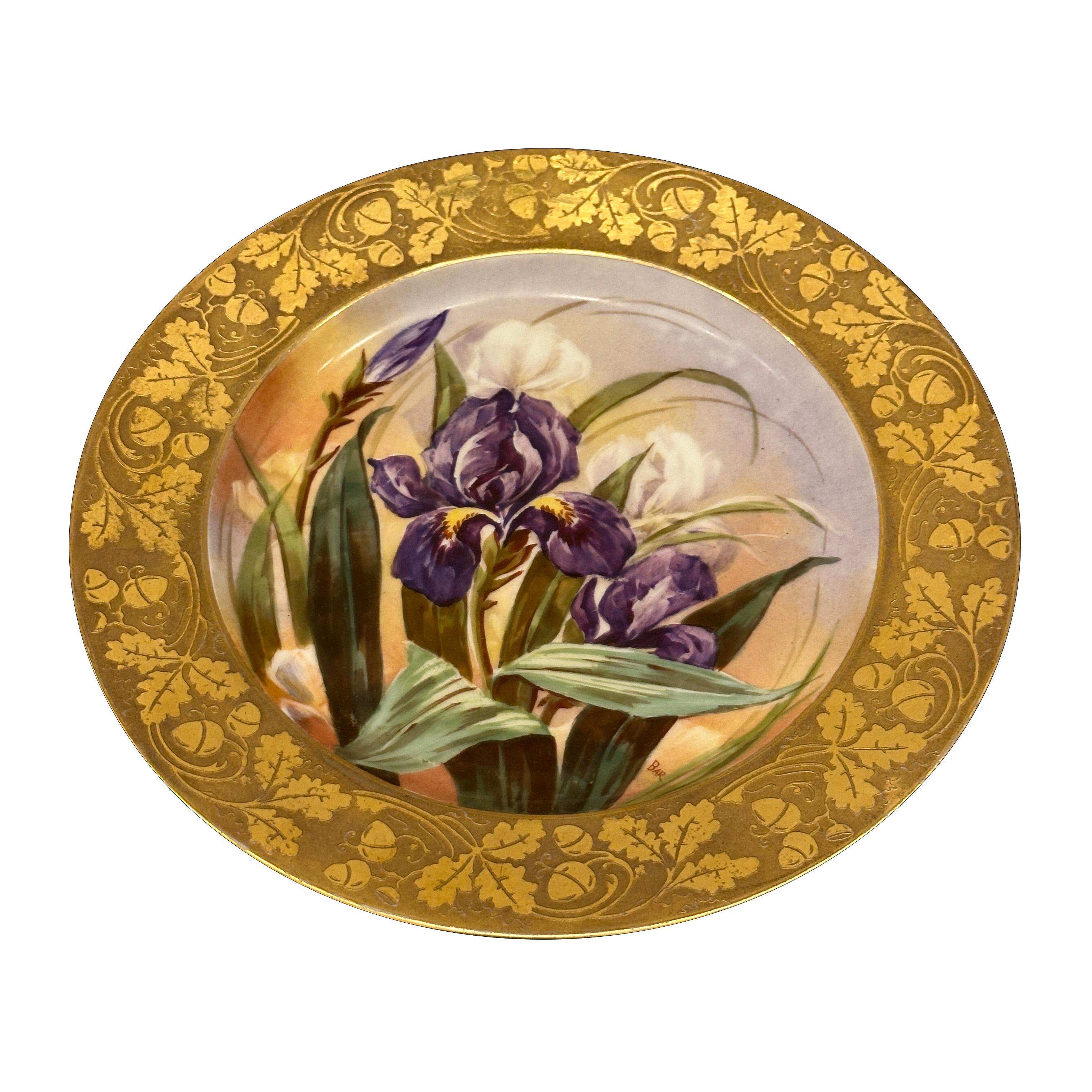 French Limoges porcelain plate hand-painted flowers circa 1903–1912 For Sale