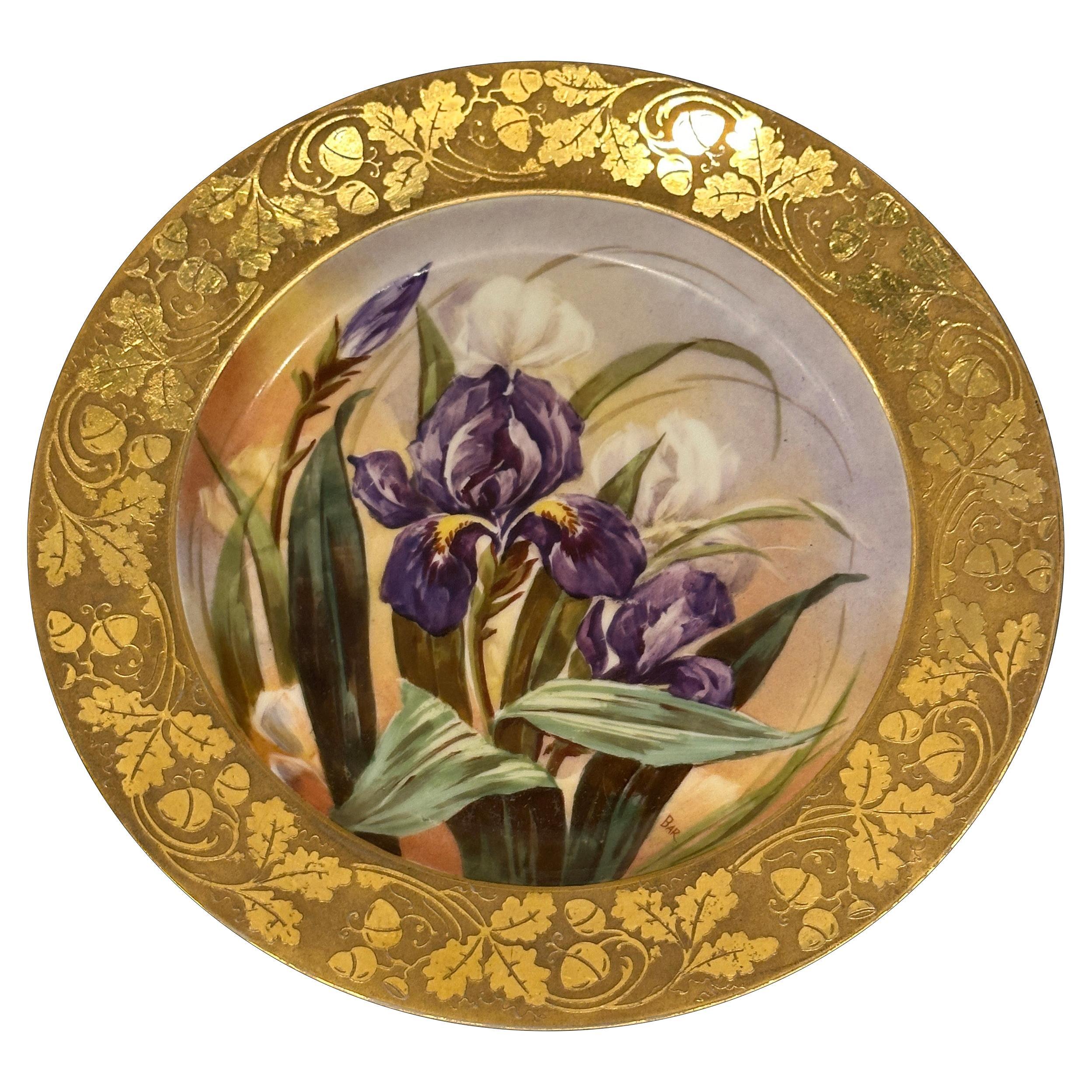 Limoges-Porzellanteller mit Goldrand, handgemalte Schwertlilien, um 1903-1912