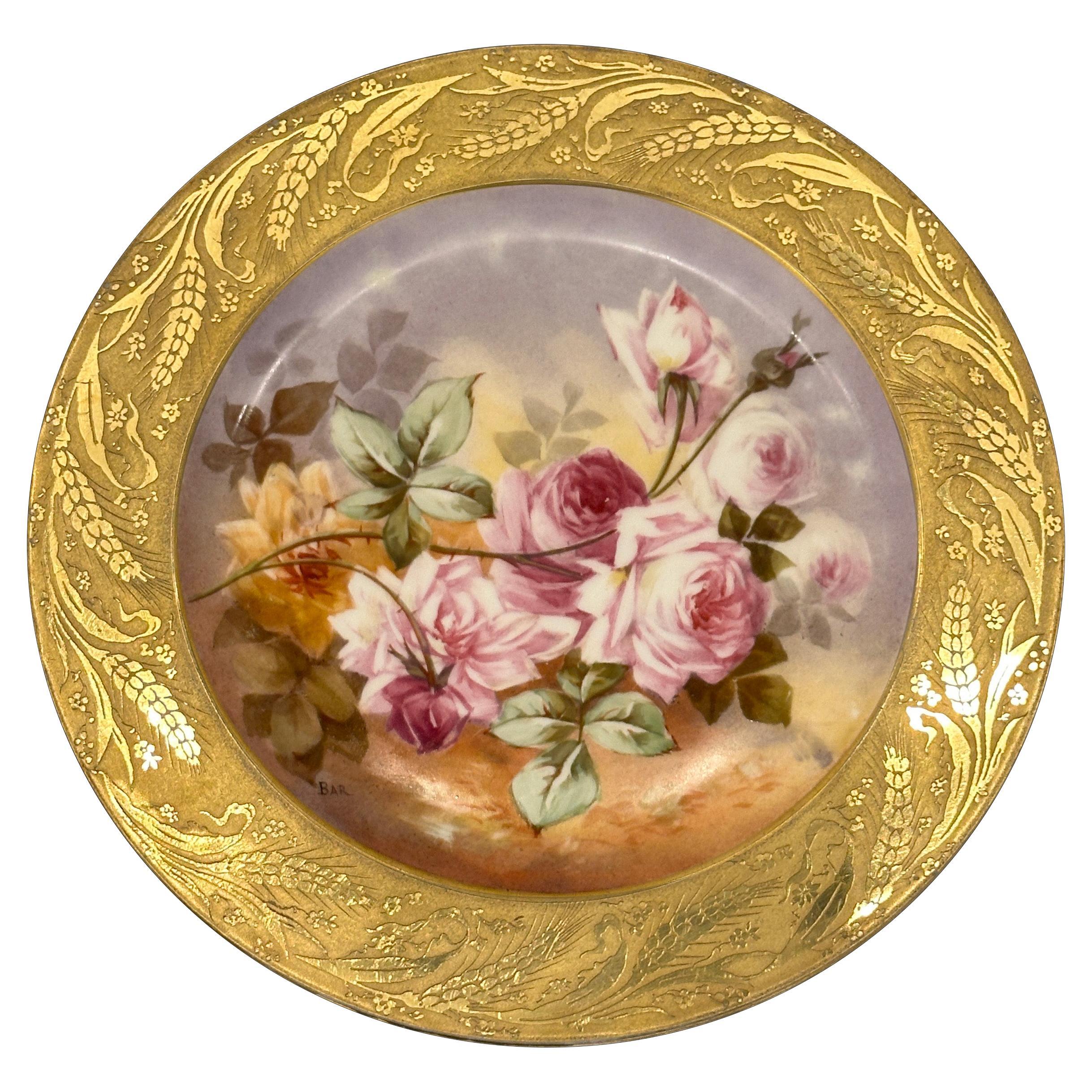 Limoges porcelain plate gold border hand-painted roses, circa 1903-1912