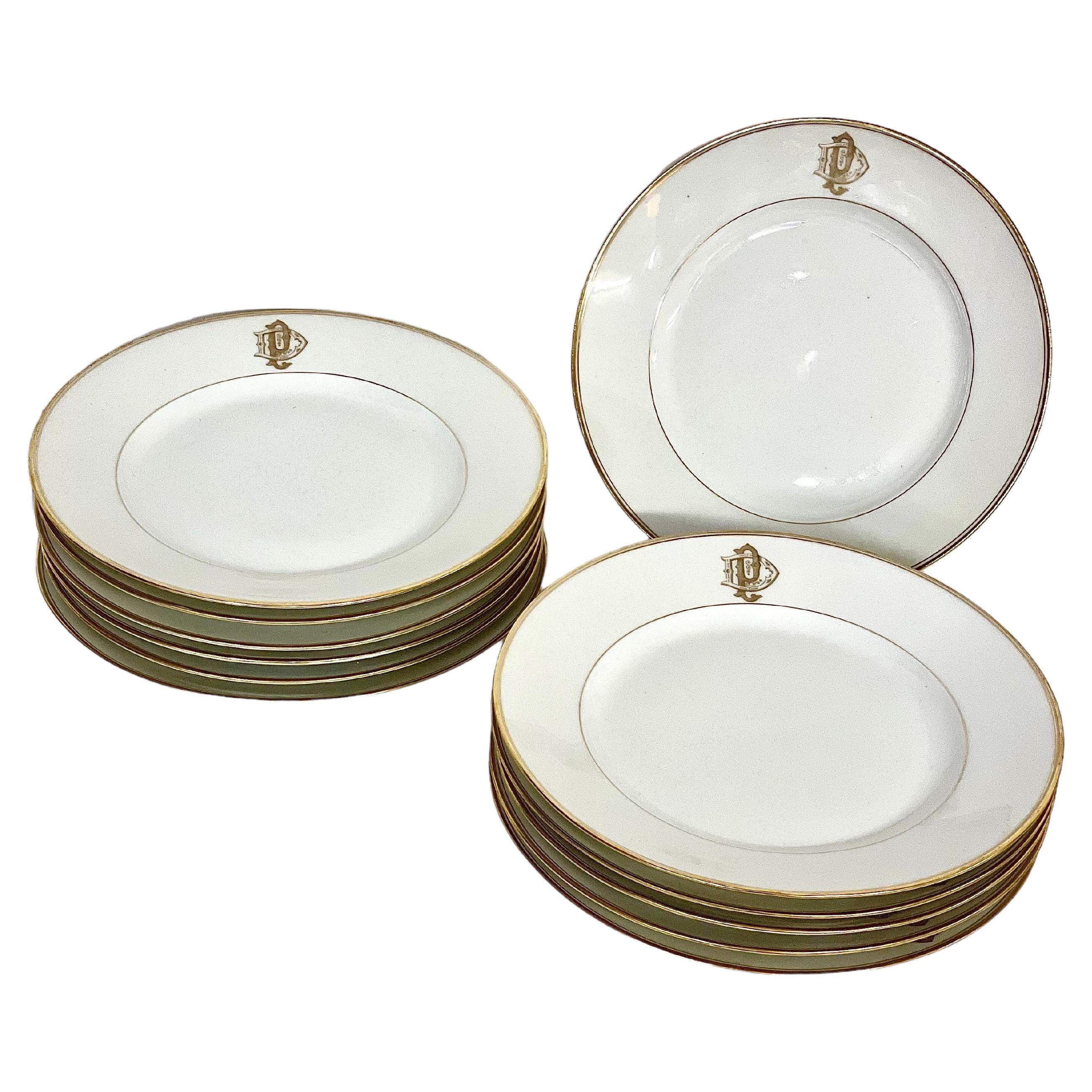 Limoges Porcelain Set of 12 Dinner Plates with Gilt Edges and Monogramme For Sale