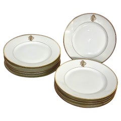 Used Limoges Porcelain Set of 12 Dinner Plates with Gilt Edges and Monogramme