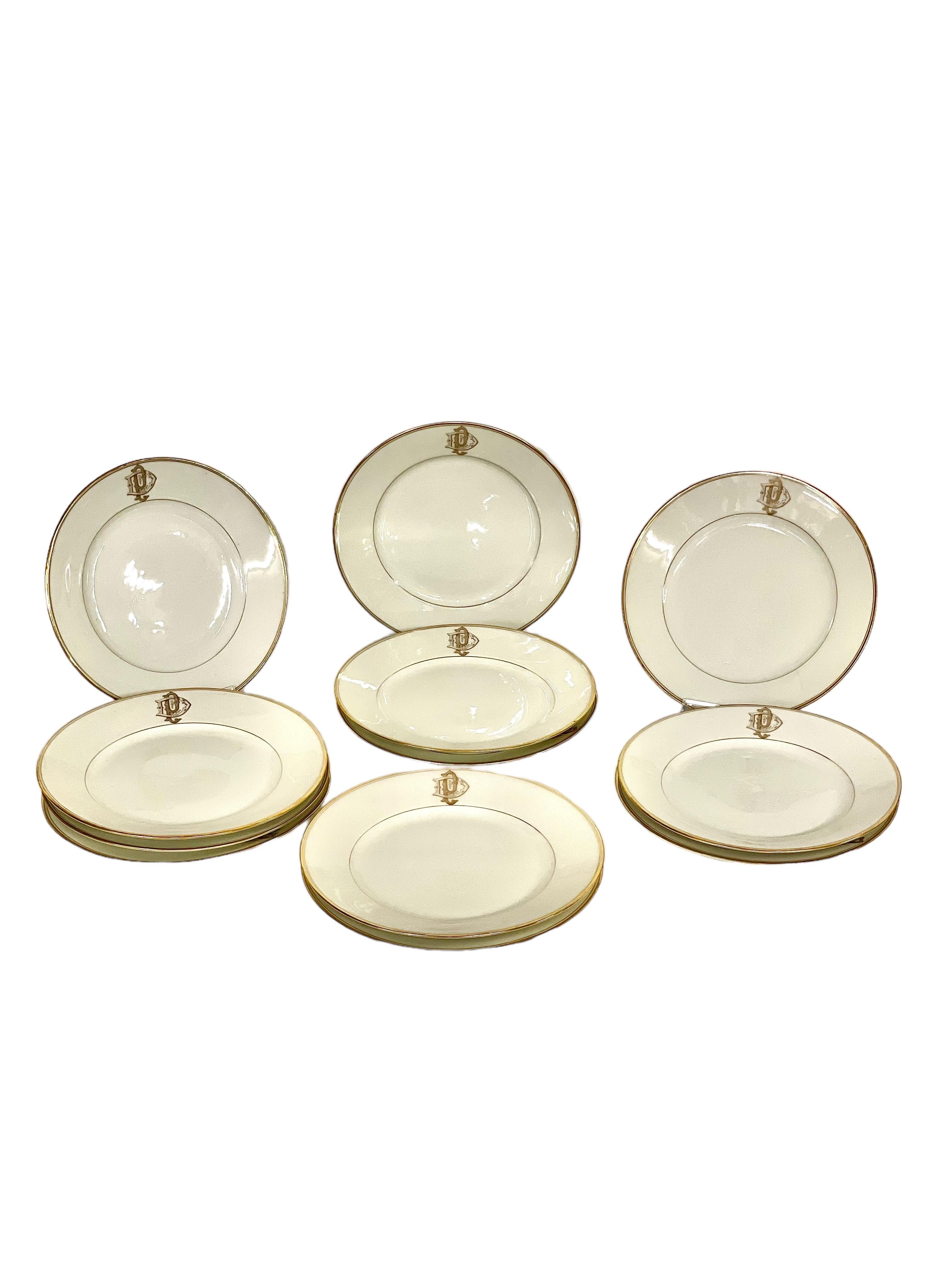 A superb 50-piece dinner service in delicate white Limoges porcelain, each piece edged with a fine rim of gilt, and bearing the elaborately formed monogramme 'DP'. Lids and handles are beautifully embellished, with interesting forms and textured