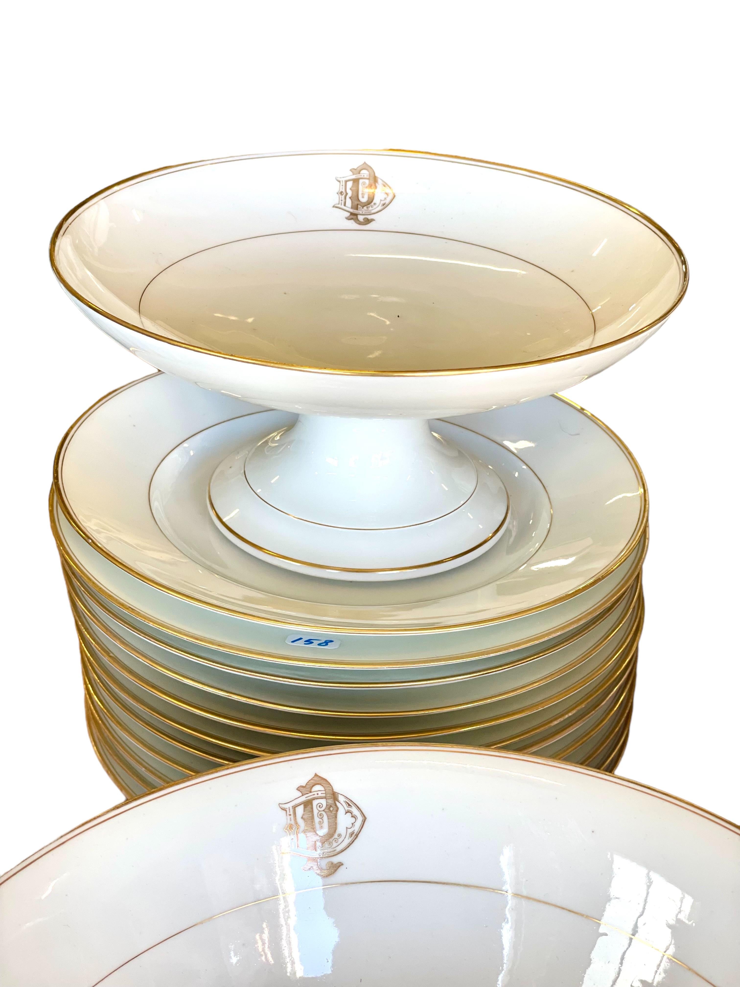 French Limoges Porcelain Set of 50 Piece Dinner Service with Gilt Edges and Monogramme For Sale
