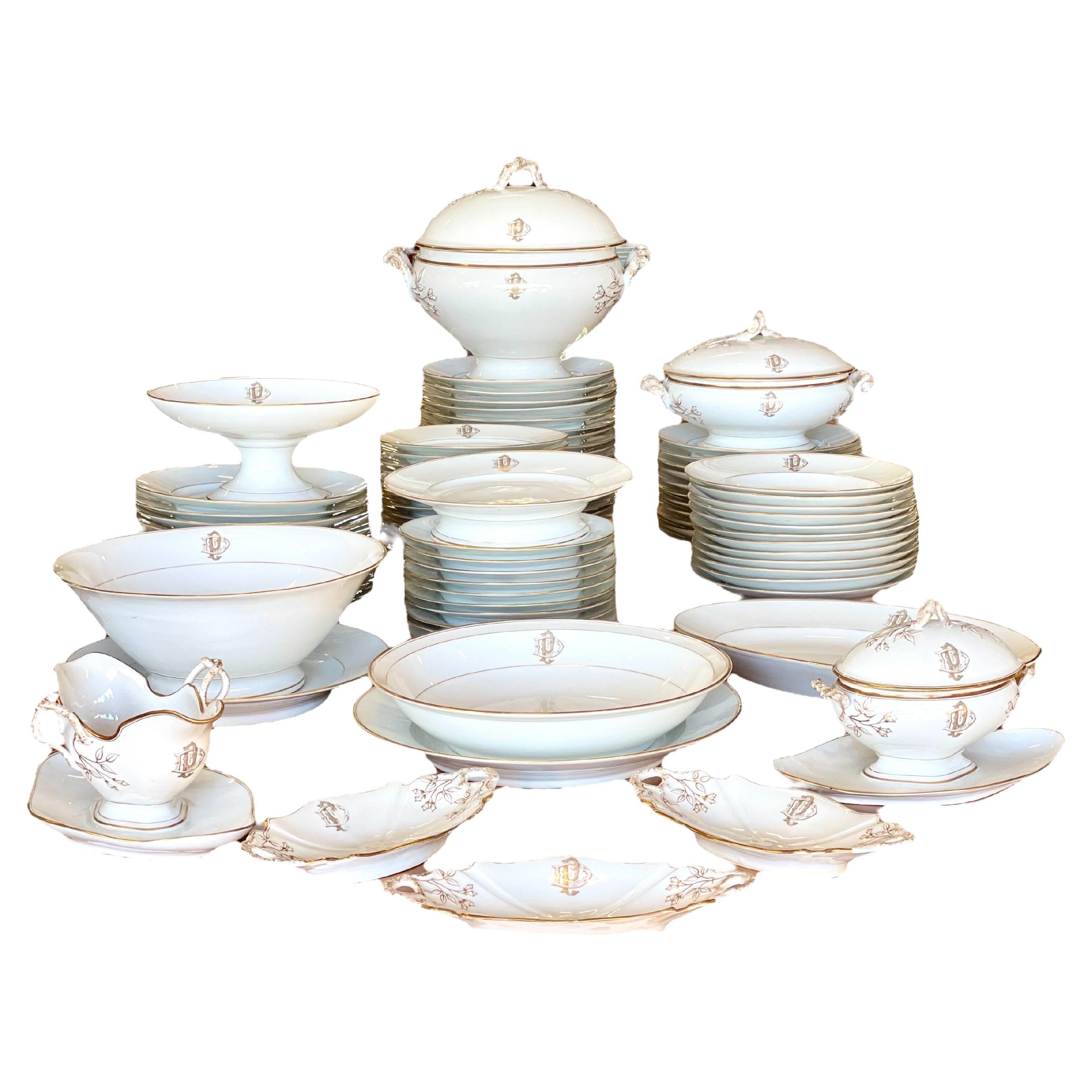 Limoges Porcelain Set of 50 Piece Dinner Service with Gilt Edges and Monogramme For Sale