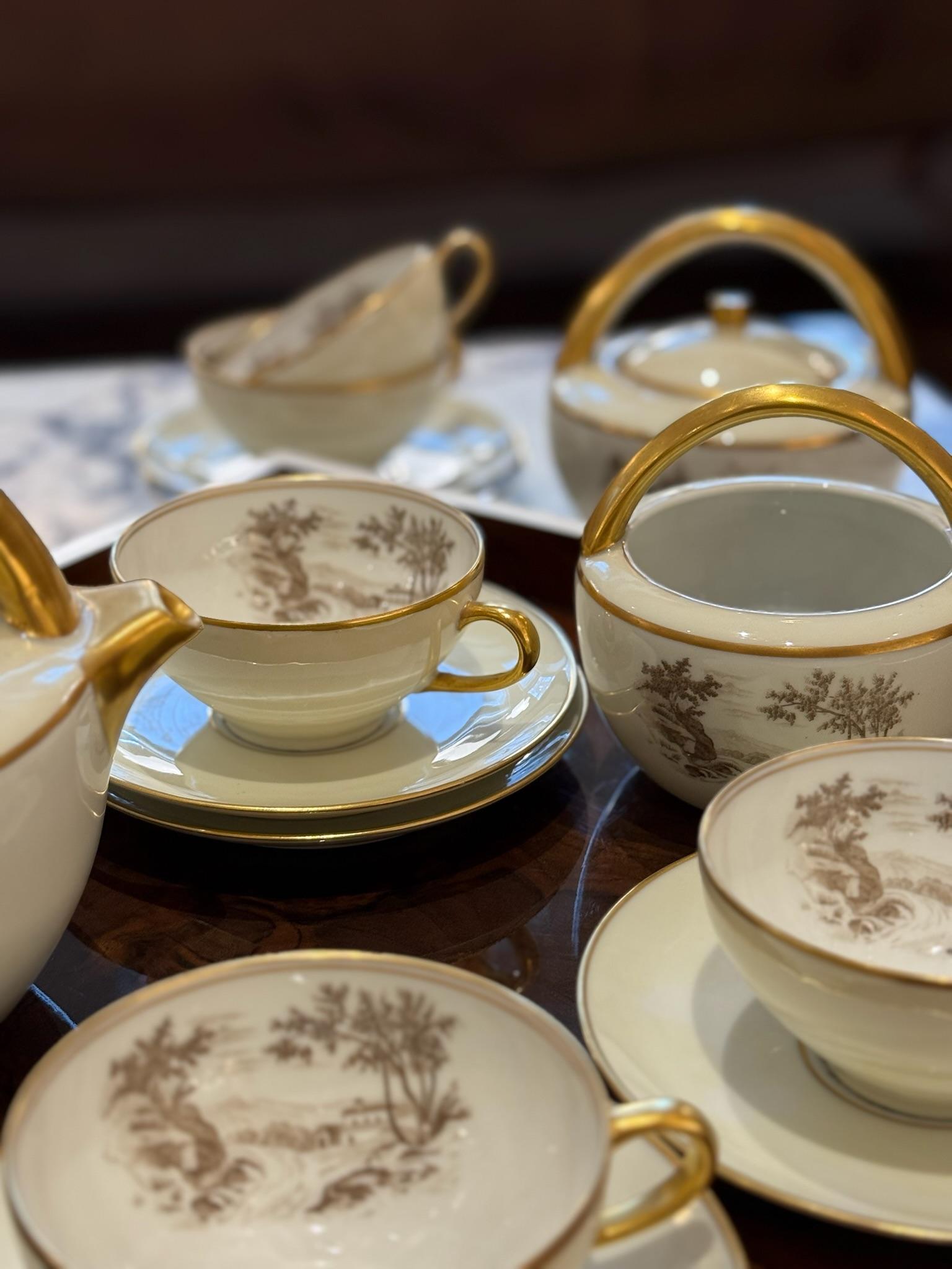 Limoges Porcelain Tea Set with Landscape Scenes, circa 1950 In Good Condition For Sale In New York, NY