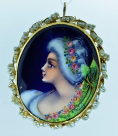 Limoges Portrait Pendant, Brooch Combination with Matching Earrings & Seed Pearls