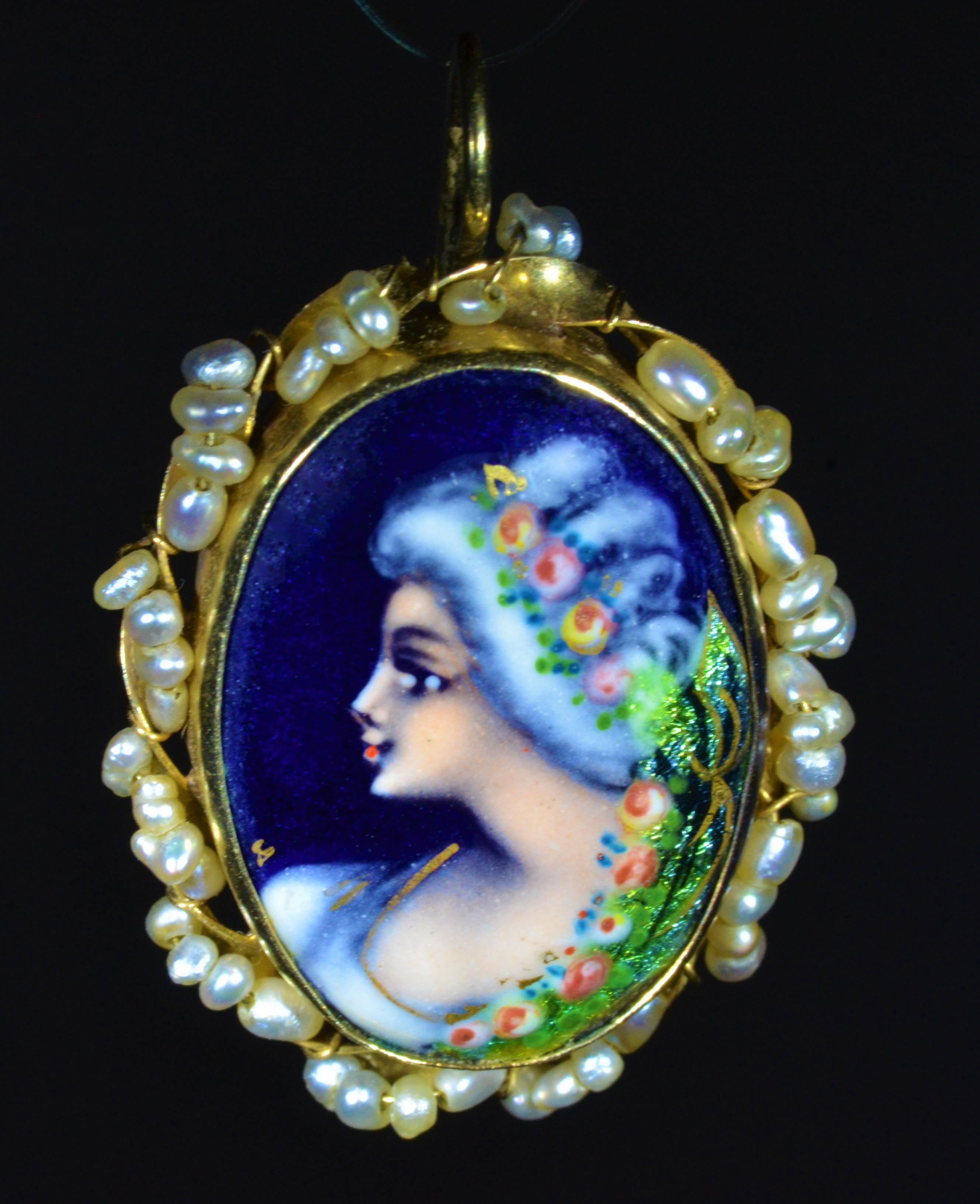 Limoges Portrait Pendant, Brooch Combination with Matching Earrings & Seed Pearls In Good Condition For Sale In Warrington, PA
