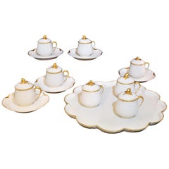 Limoges Pot D'crème Set Gold Rose Bud Lidded Cups with Tray