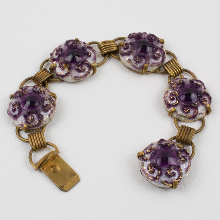 Bracelet Vintage En Pâte De Verre Claire Deve - Plaqué Or Jaune - Pierres Rectangulaires Bleues - Taille Ajustable