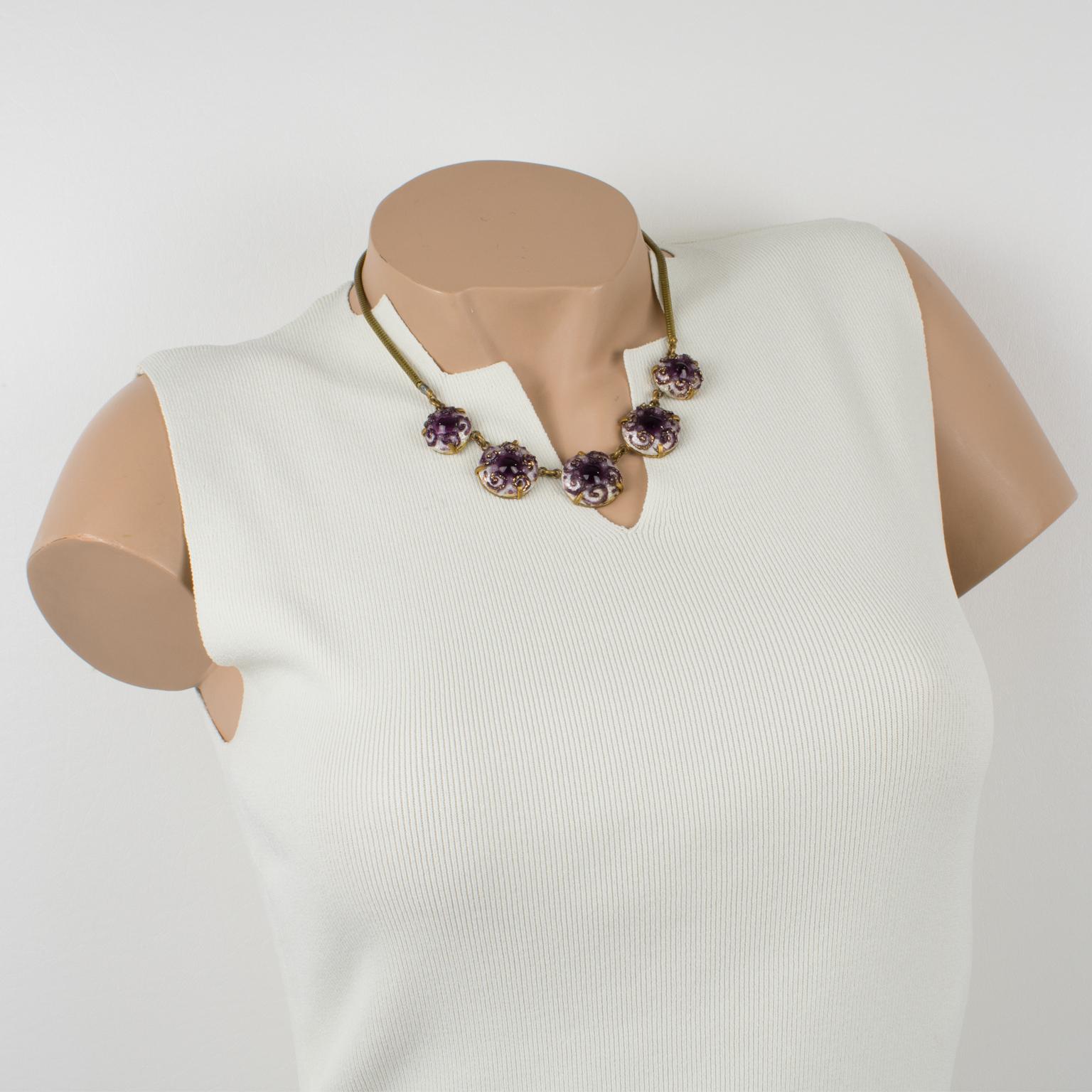 This beautiful enamel and pate de verre link choker necklace was handcrafted by Lazerat Limoges, France, in the 1950s. The enameled round domed copper elements are in graduated shapes and hinged together with a serpentine chain in brass. This