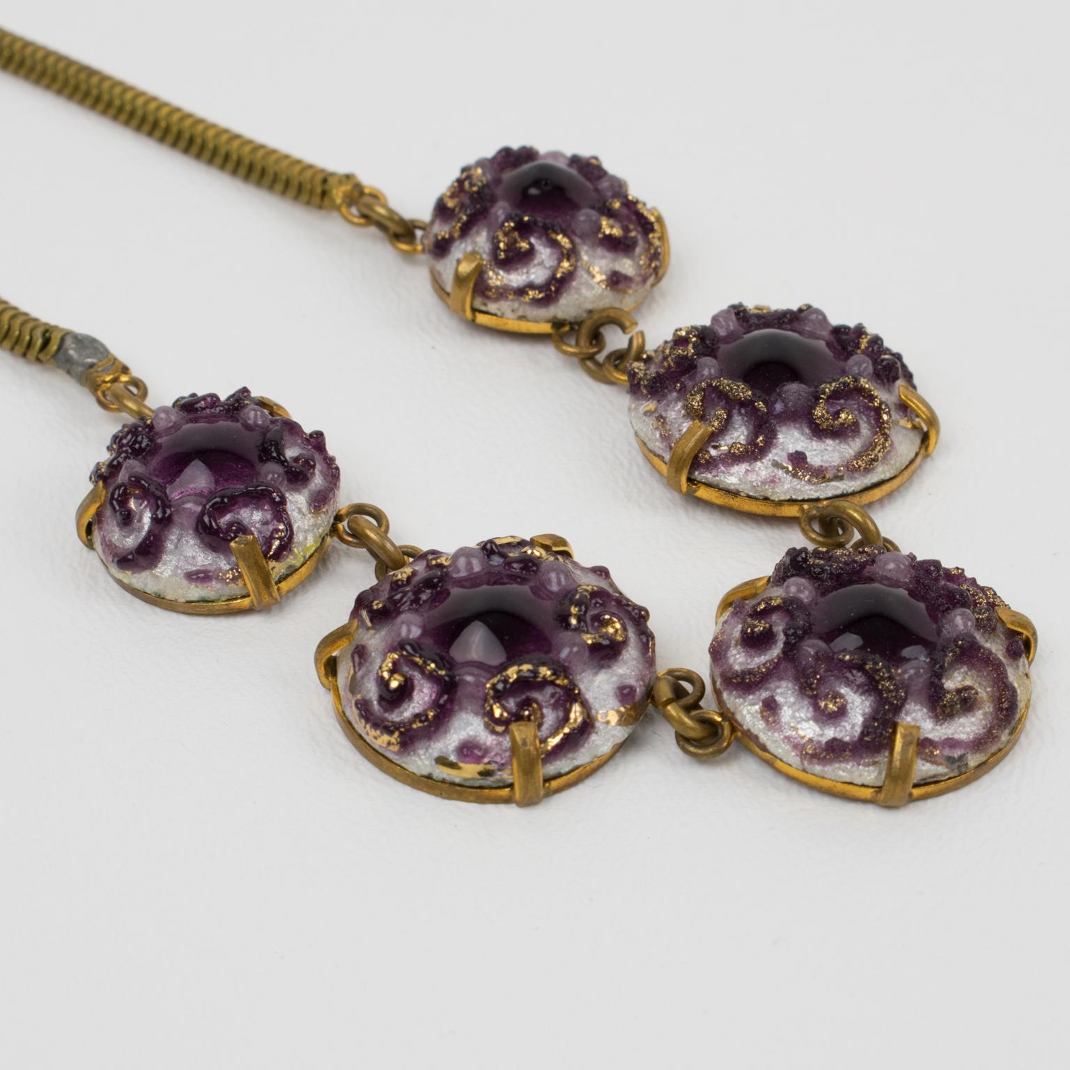 Women's or Men's Limoges Purple Enamel and Pate de Verre Link Choker Necklace