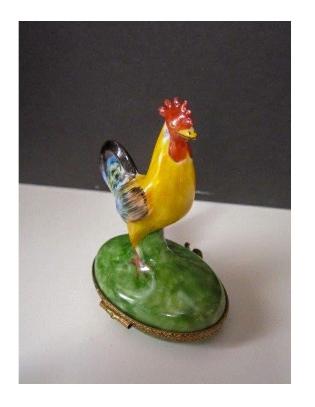 Terrific Limoges rooster shaped box. Marked Peint Main Limoges France. Artist AB.