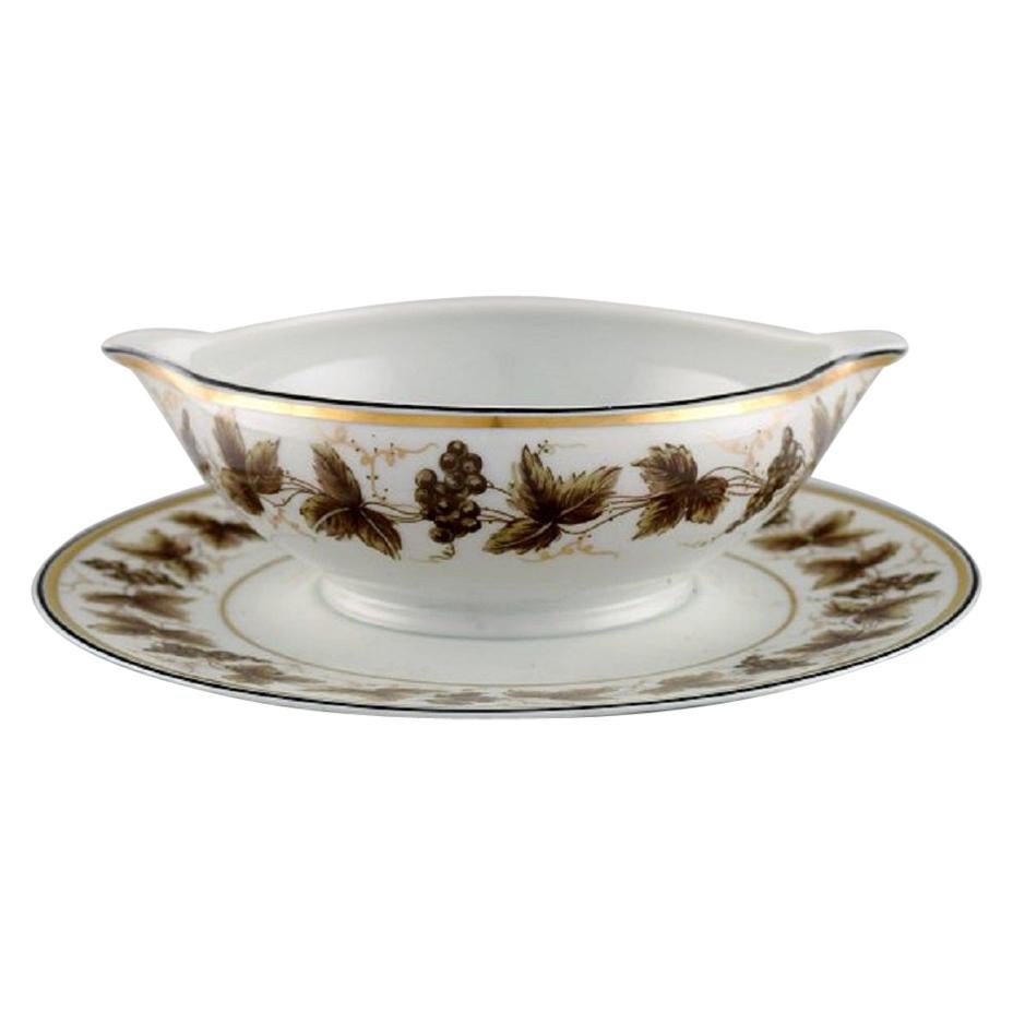 Limoges Sauceboat on Stand in Porcelain with Hand-Painted Grapevines