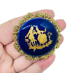 LIMOGES signed vintage gold tone hand painted French porcelain designer brooch