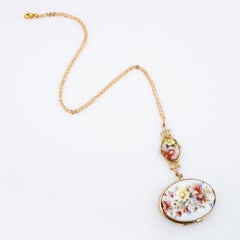 Limoges Style Floral Painted Porcelain Locket Pendant Necklace, 1960s