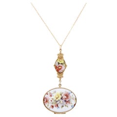 Limoges Style Floral Painted Porcelain Locket Pendant Necklace, 1960s