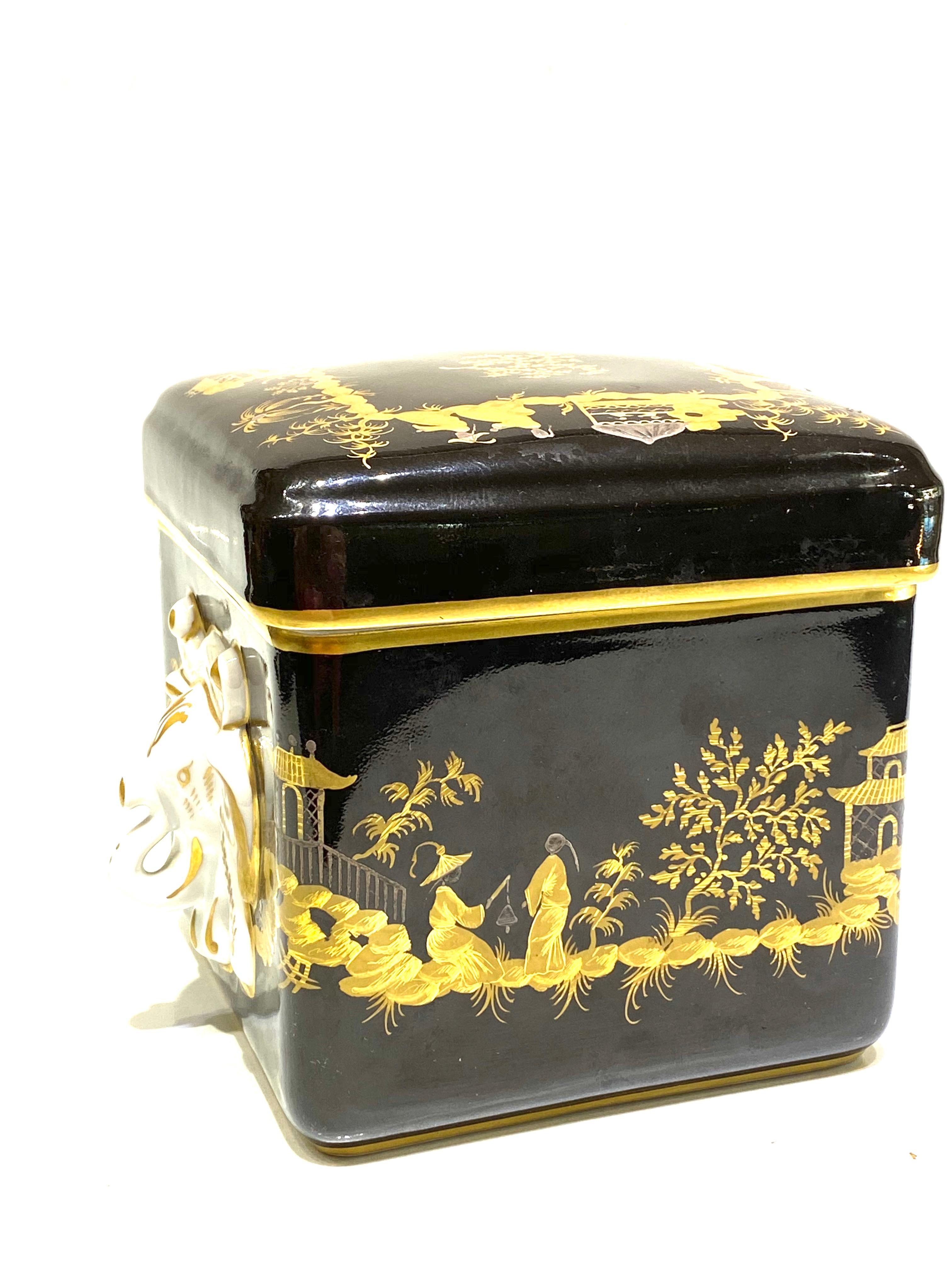 Limoges TIFFANY & Co French Chinoise Hand Painted Percaline Decorative Box

Product details:
Vintage 
Black and gold hand painted over percaline
Featuring chinoise motif with 3D elephant on two sides 
Made in France 
Total weight is 1483.7 grams 
 