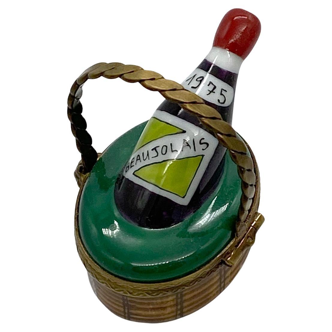 Limoges Trinket Box, Wine Bottle in Basket