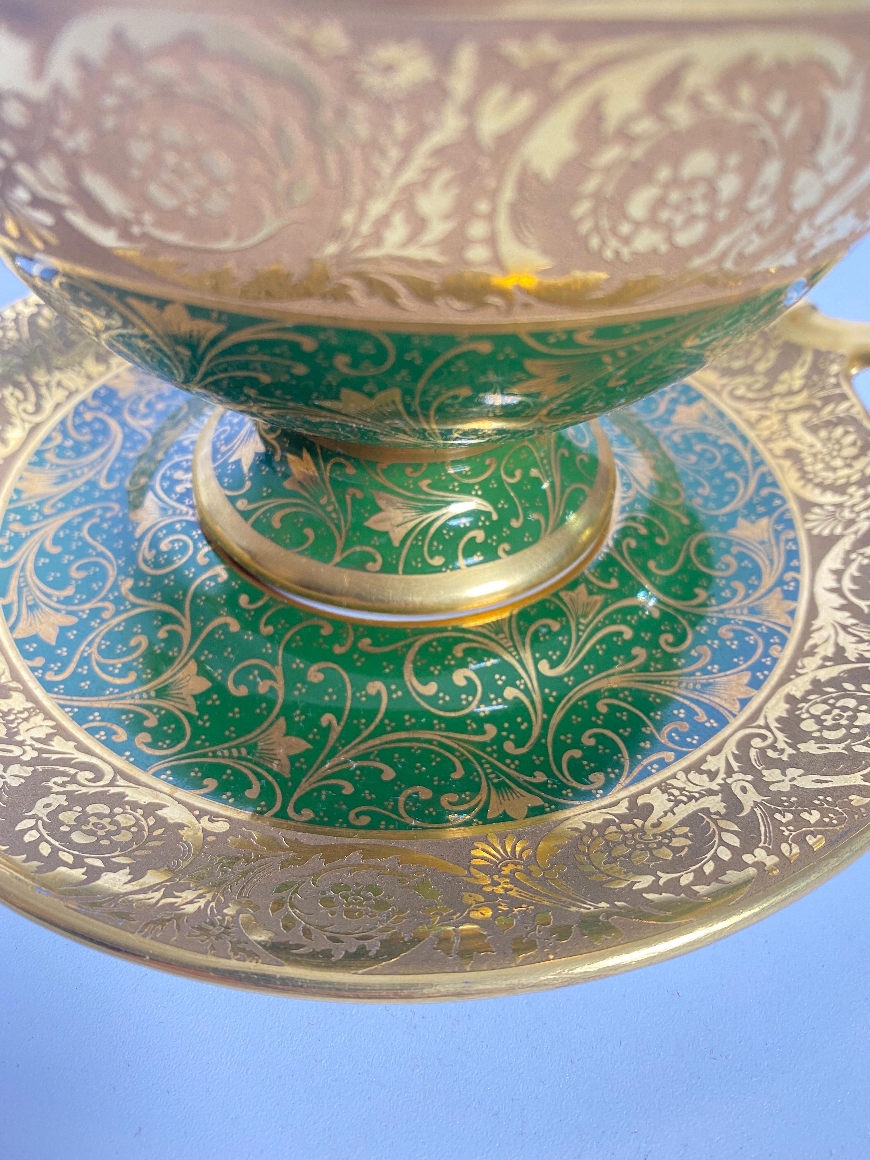 French Limoges Urn or Bowl Porcelain, Green and Gold Color, Made in France, circa 1930 For Sale