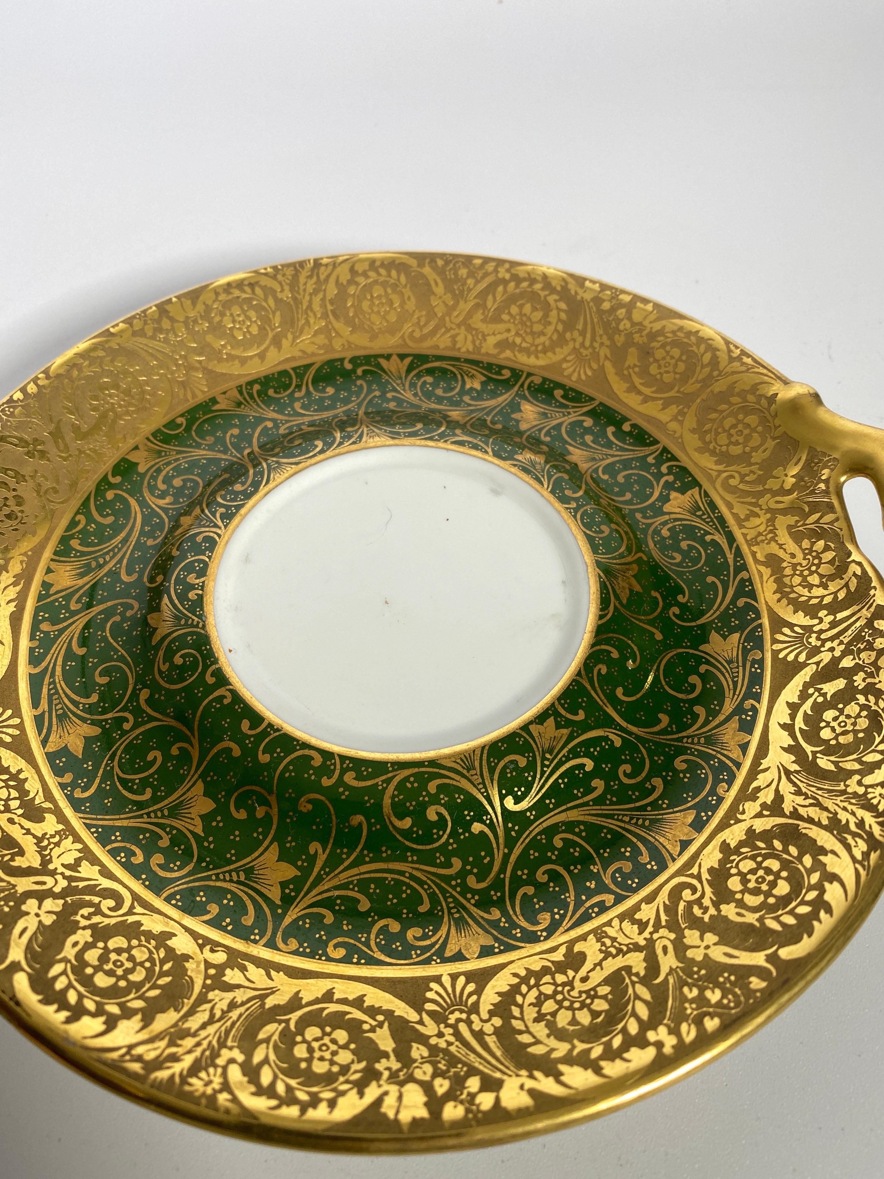 French Limoges Urn or Bowl Porcelain, Green and Gold Color, Made in France, circa 1930 For Sale