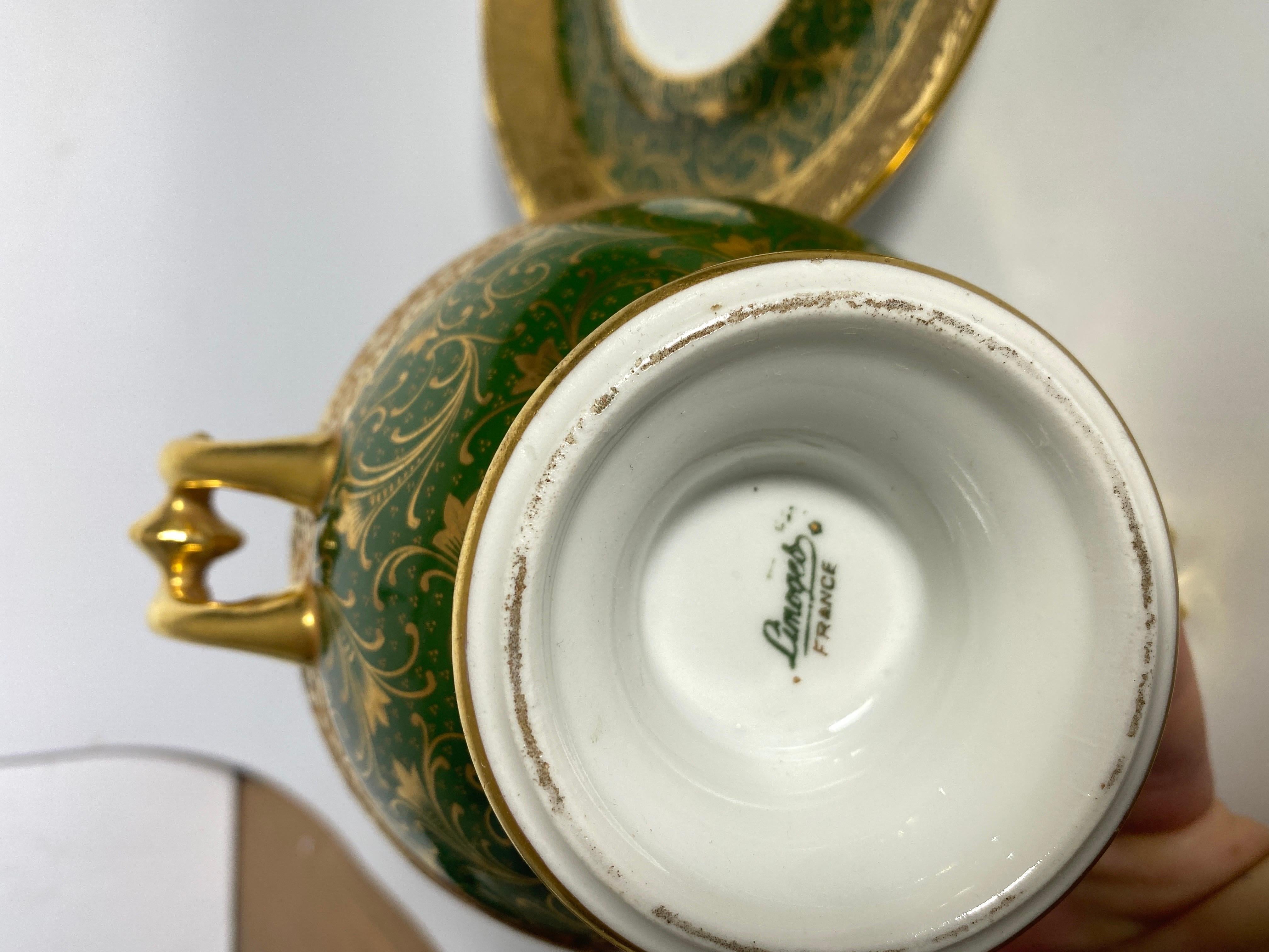 Mid-20th Century Limoges Urn or Bowl Porcelain, Green and Gold Color, Made in France, circa 1930 For Sale