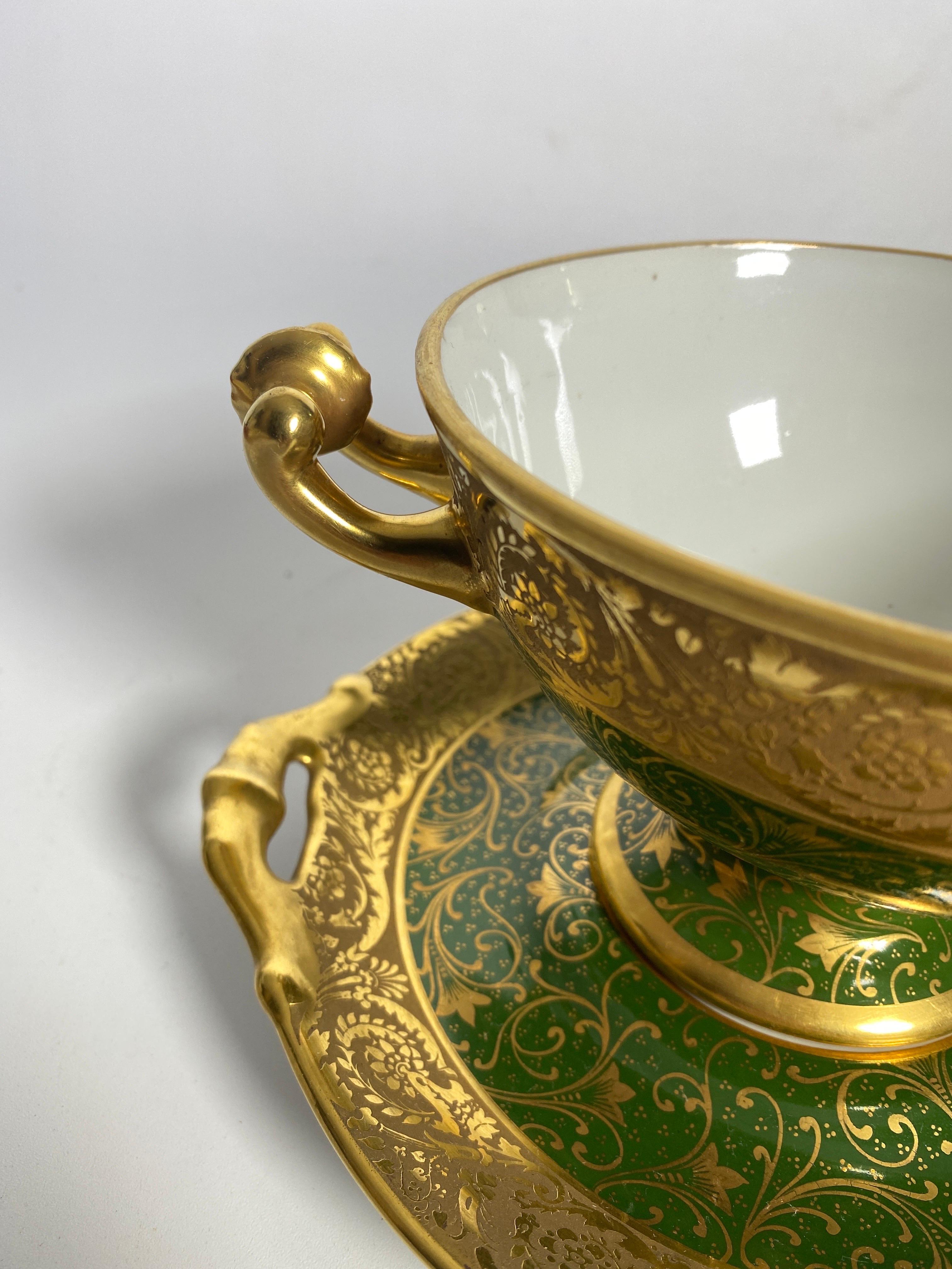 Limoges Urn or Bowl Porcelain, Green and Gold Color, Made in France, circa 1930 For Sale 3