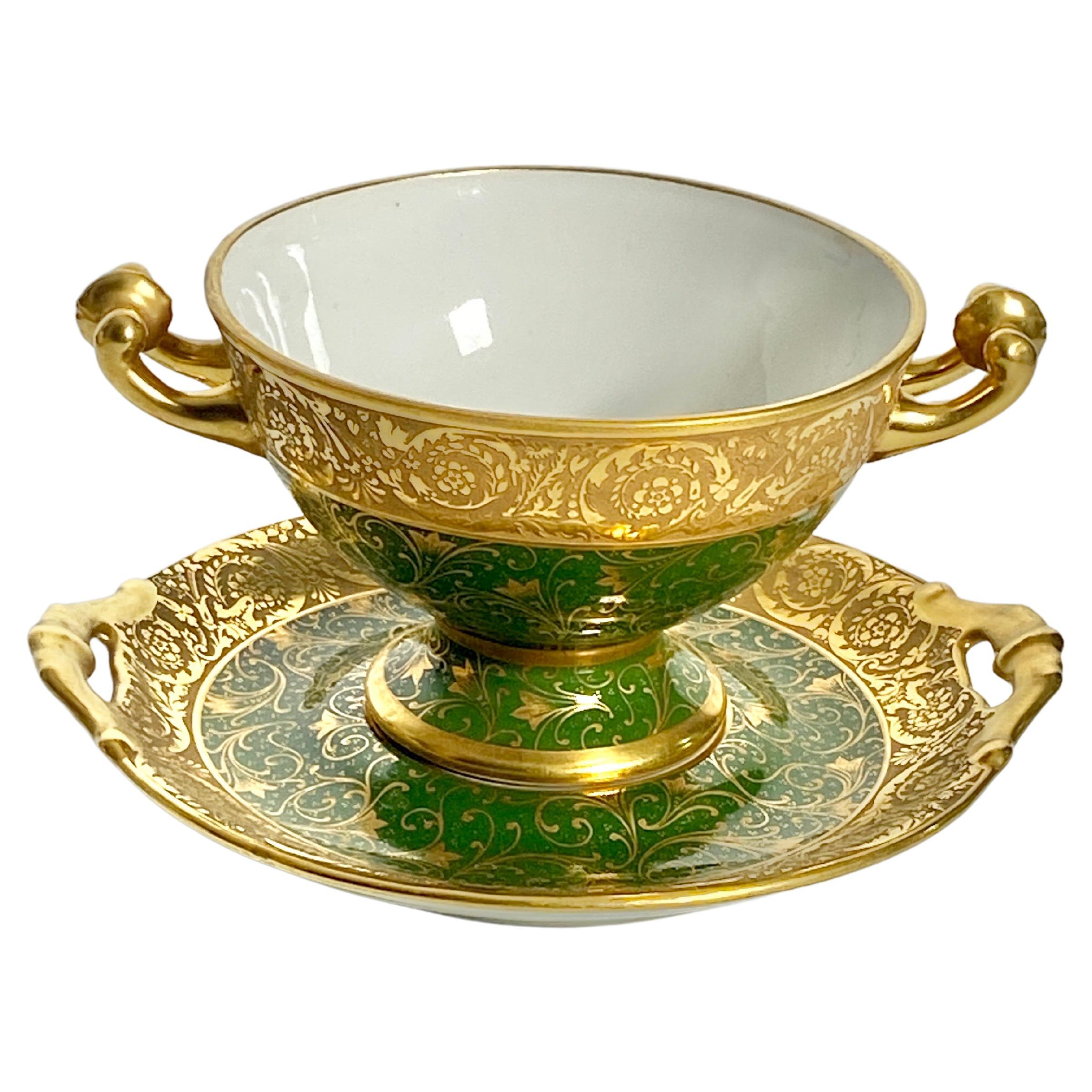 Limoges Urn or Bowl Porcelain, Green and Gold Color, Made in France, circa 1930 For Sale