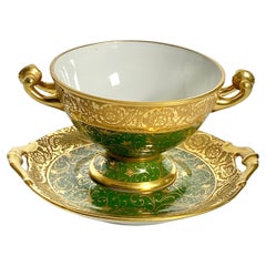 Limoges Urn or Bowl Porcelain, Green and Gold Color, Made in France, circa 1930