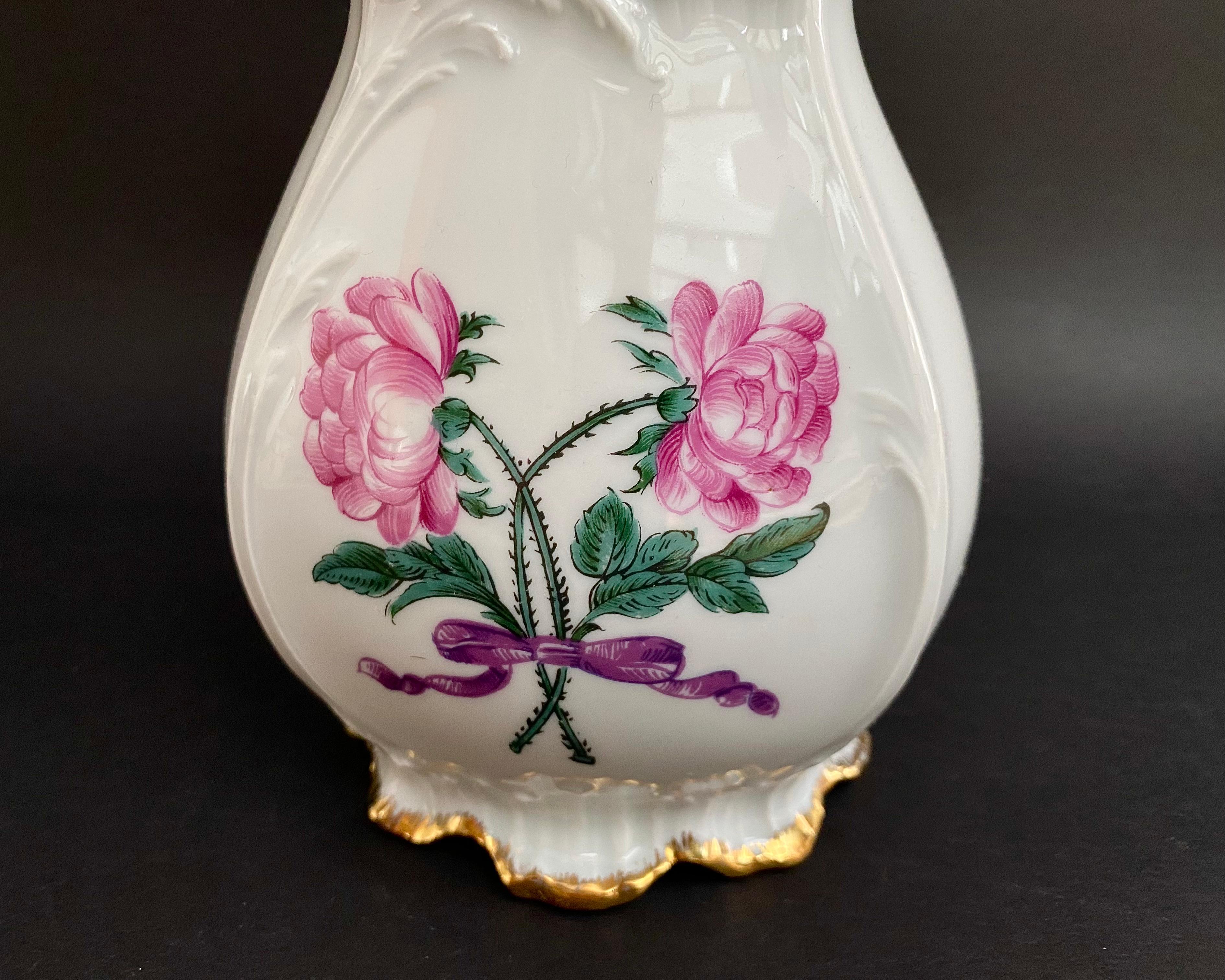 French Limoges Vase in Hand-Painted Porcelain with Floral & Gold Decor, France, 80s For Sale