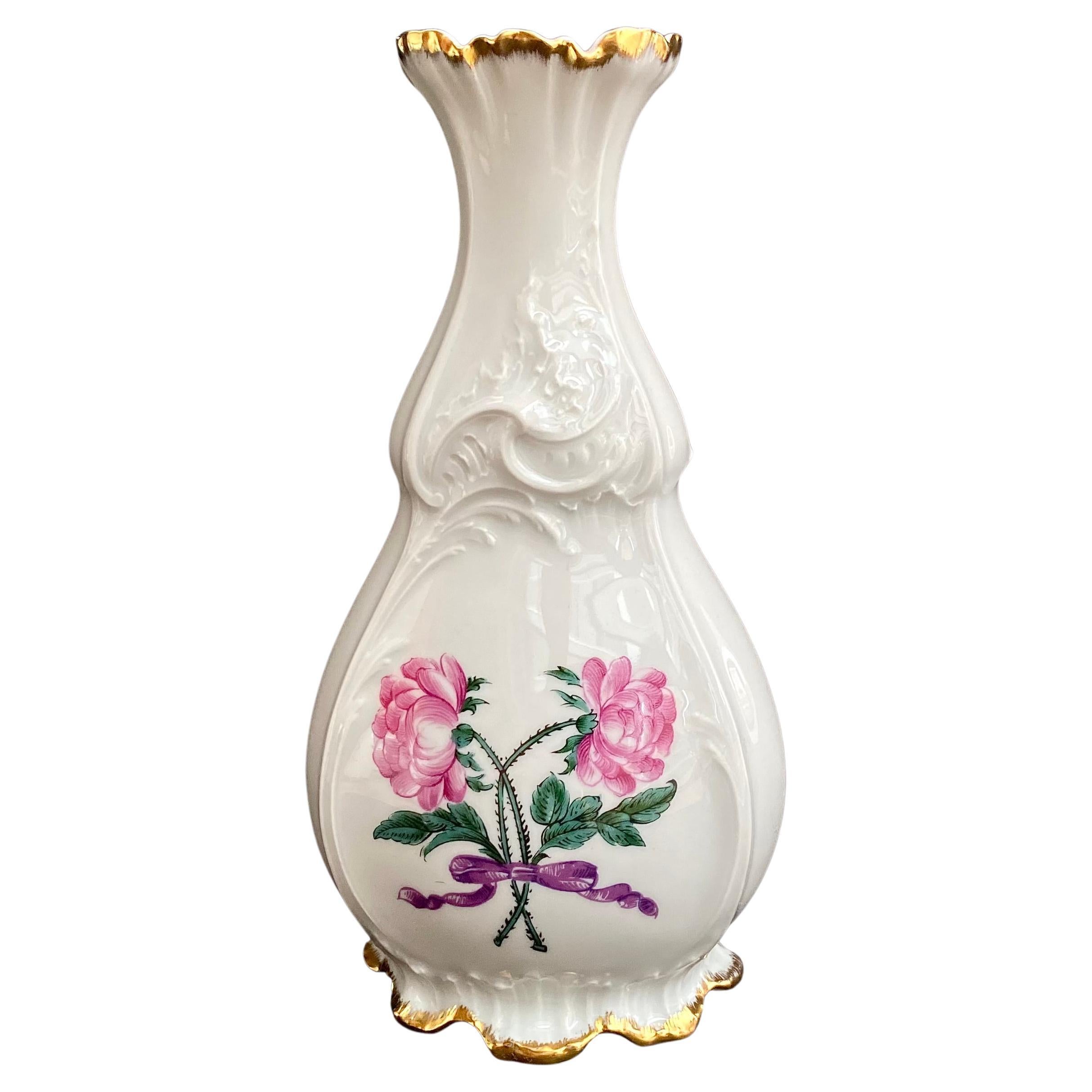 Limoges Vase in Hand-Painted Porcelain with Floral & Gold Decor, France, 80s