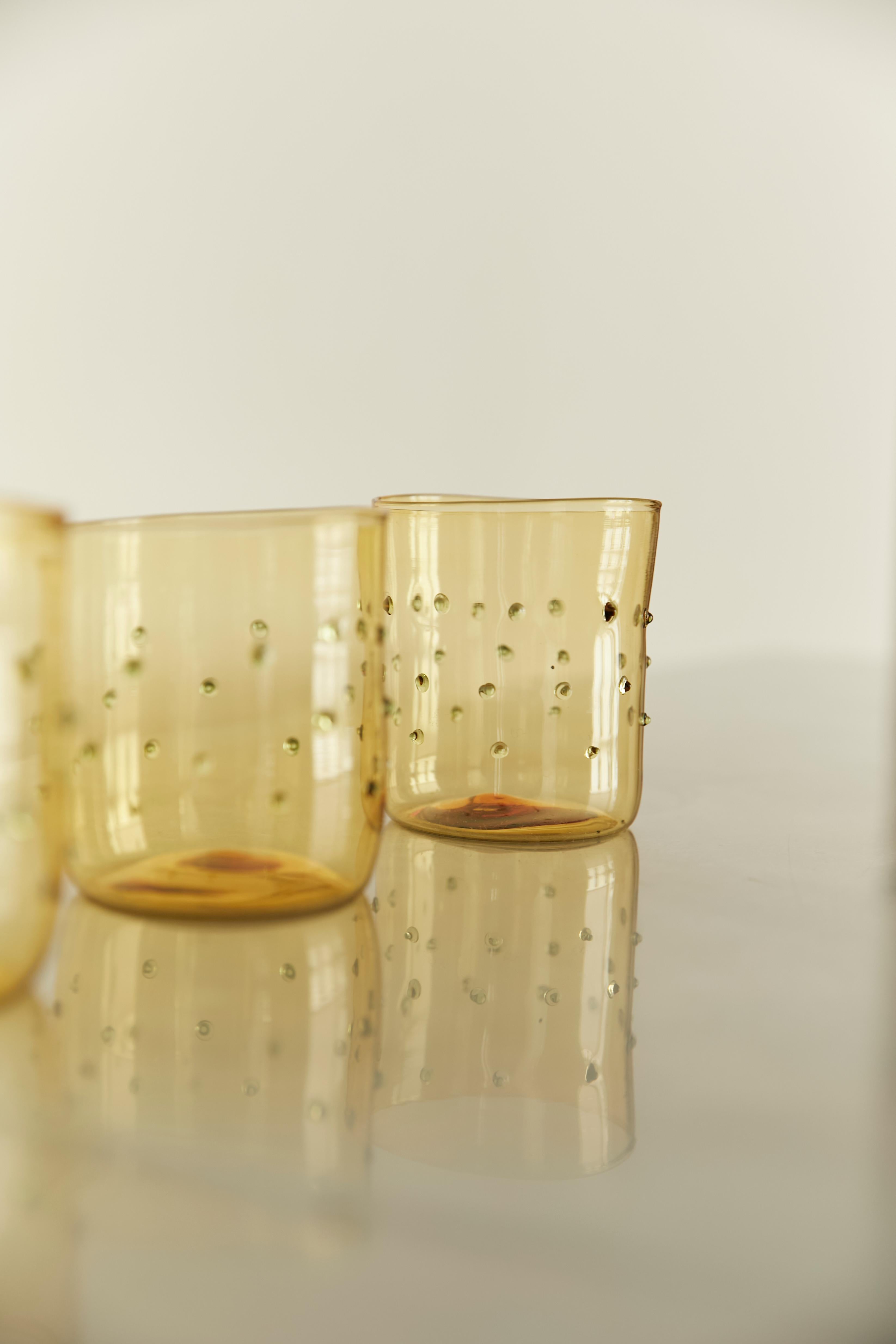 Limoncello contemporary handmade blown glasses. Tinted yellow with green dots In New Condition For Sale In MADRID, ES