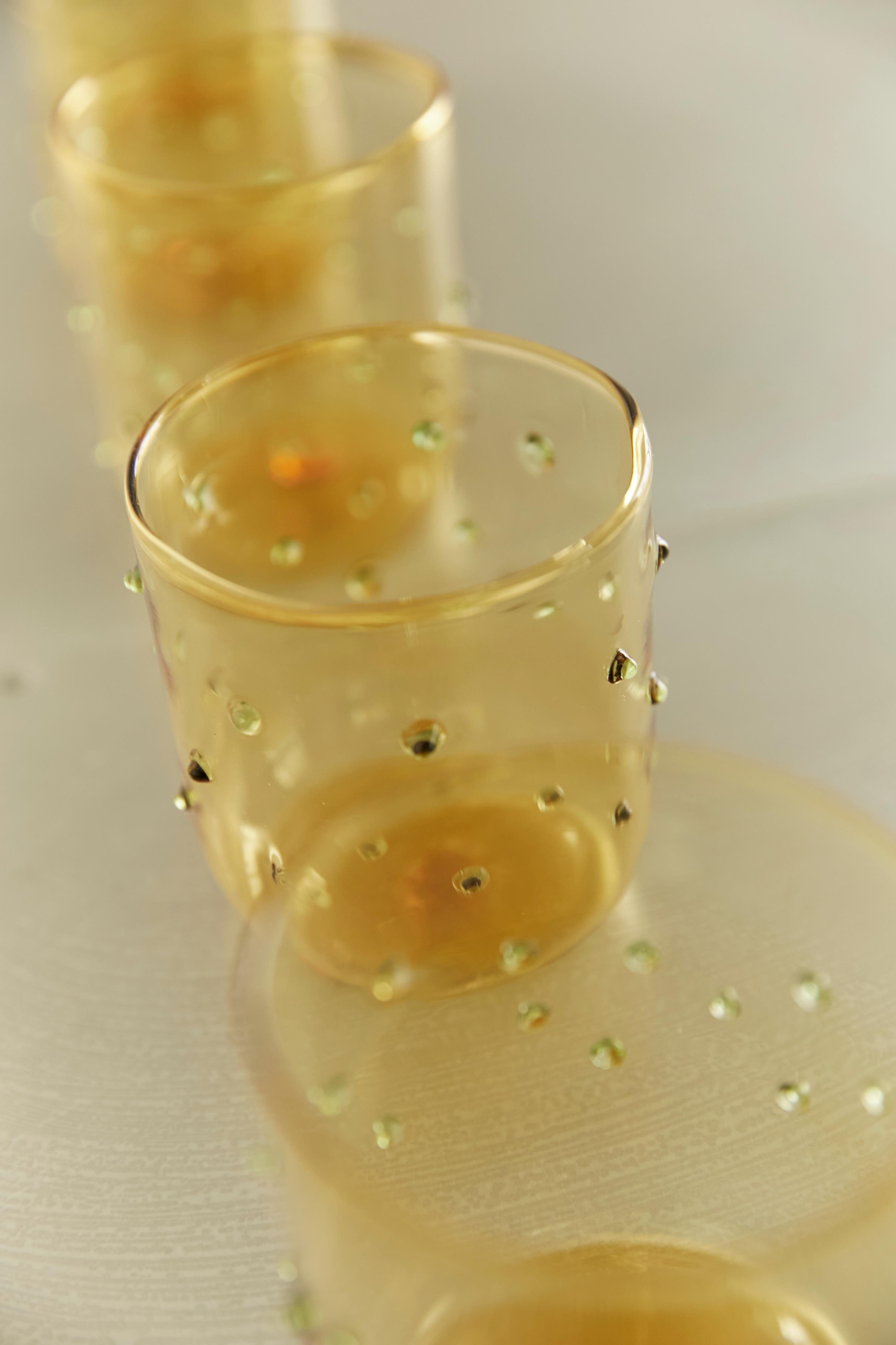 Limoncello contemporary handmade blown glasses. Tinted yellow with green dots For Sale 1