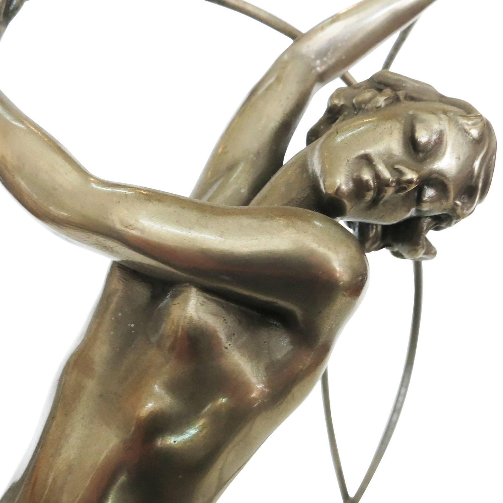 Limousin Art Deco Style Silver Finished Nude Flapper Dancer with Hoop Statue In Excellent Condition In Van Nuys, CA