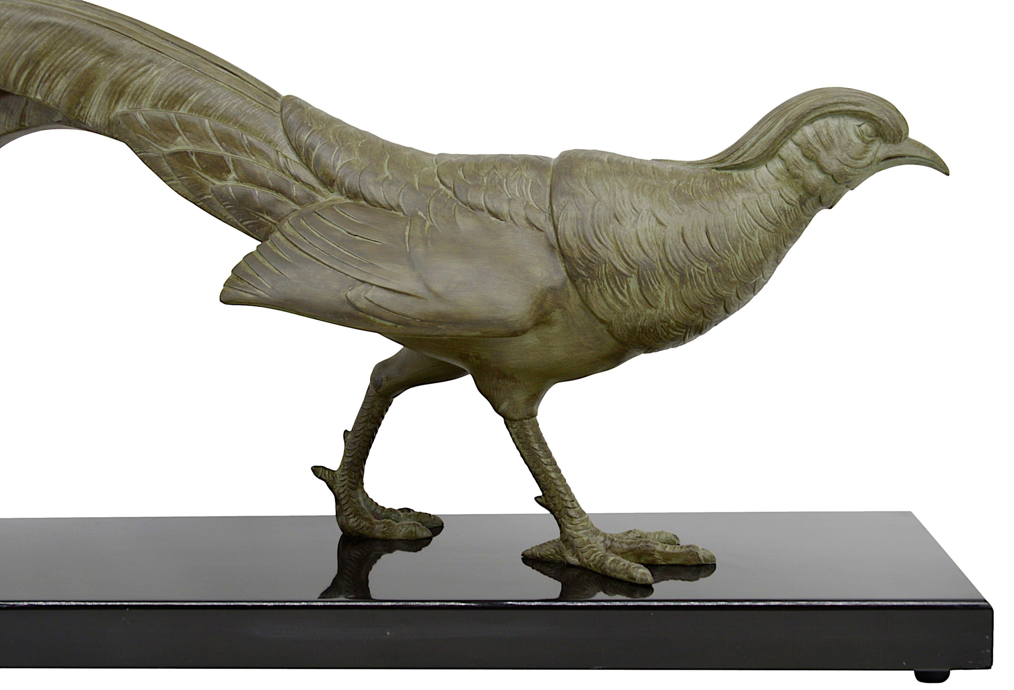 Large French Art Deco pheasant sculpture by LIMOUSIN (Paris), France, ca.1930. Cold-painted spelter marble. Important sculpture ! Width: 29.5