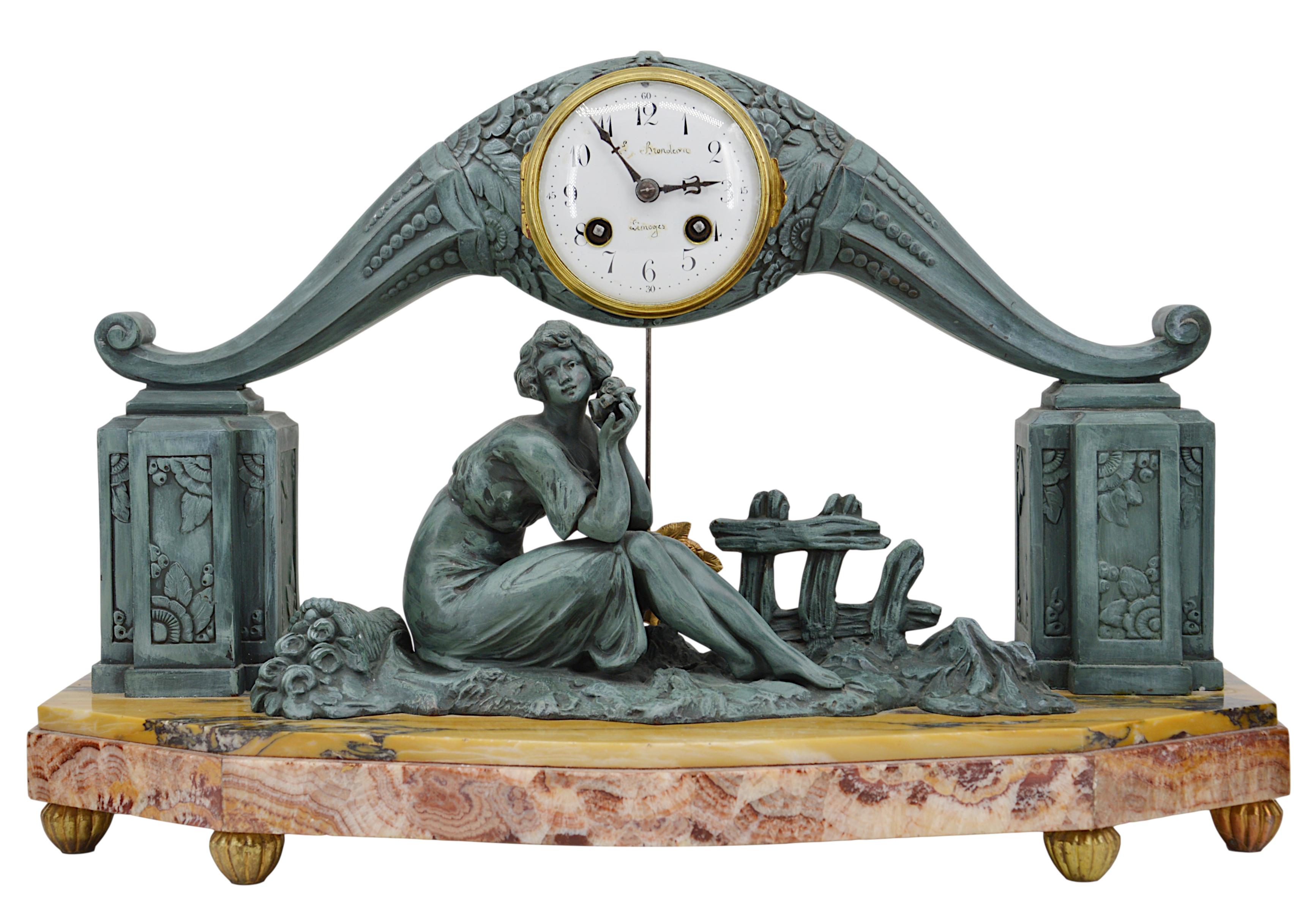 French Art Deco mantel clock set in the Süe & Mare style by Limousin, France, 1918-1920. Spelter, marble, bronze and brass. Clockmaker: E.Brondeau (Limoges). Sculptor: G.Limousin. 