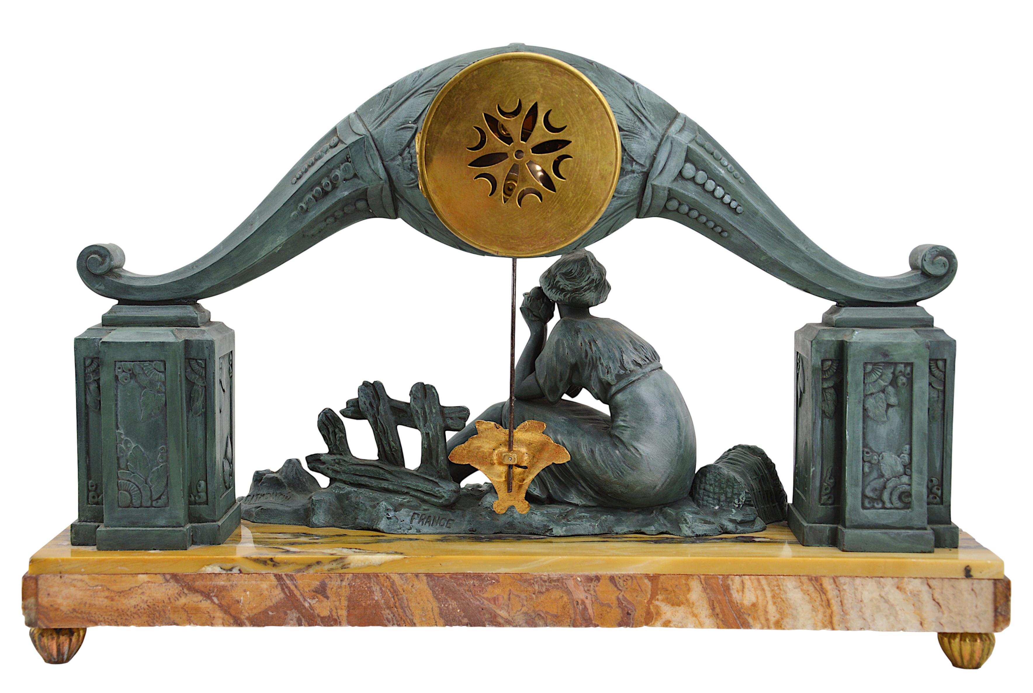 Brass LIMOUSIN French Art Deco Mantel Clock Set, 1918-1920 For Sale